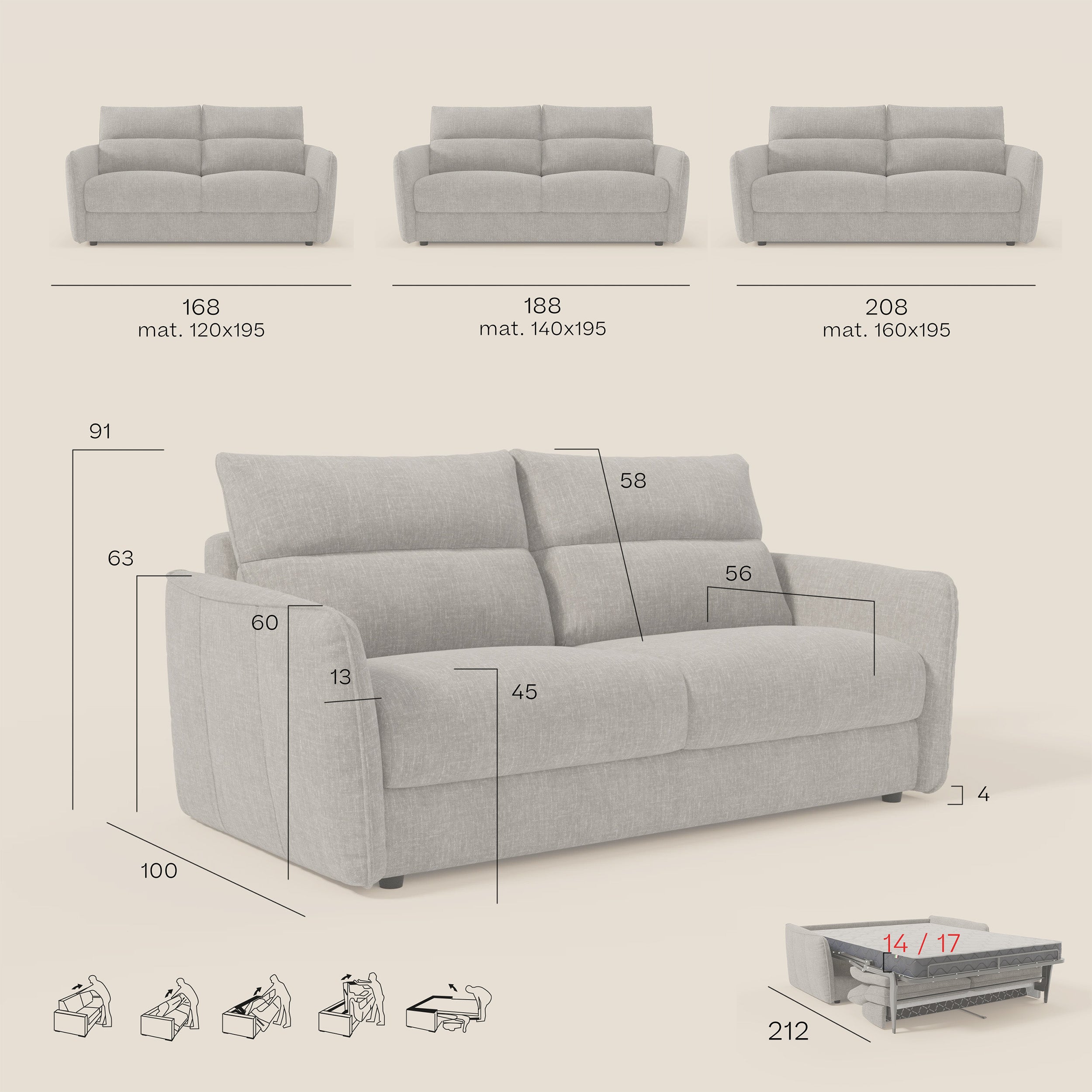 Elios Canapé convertible avec coussins de dossier souples en tissu détachable T24 blanc