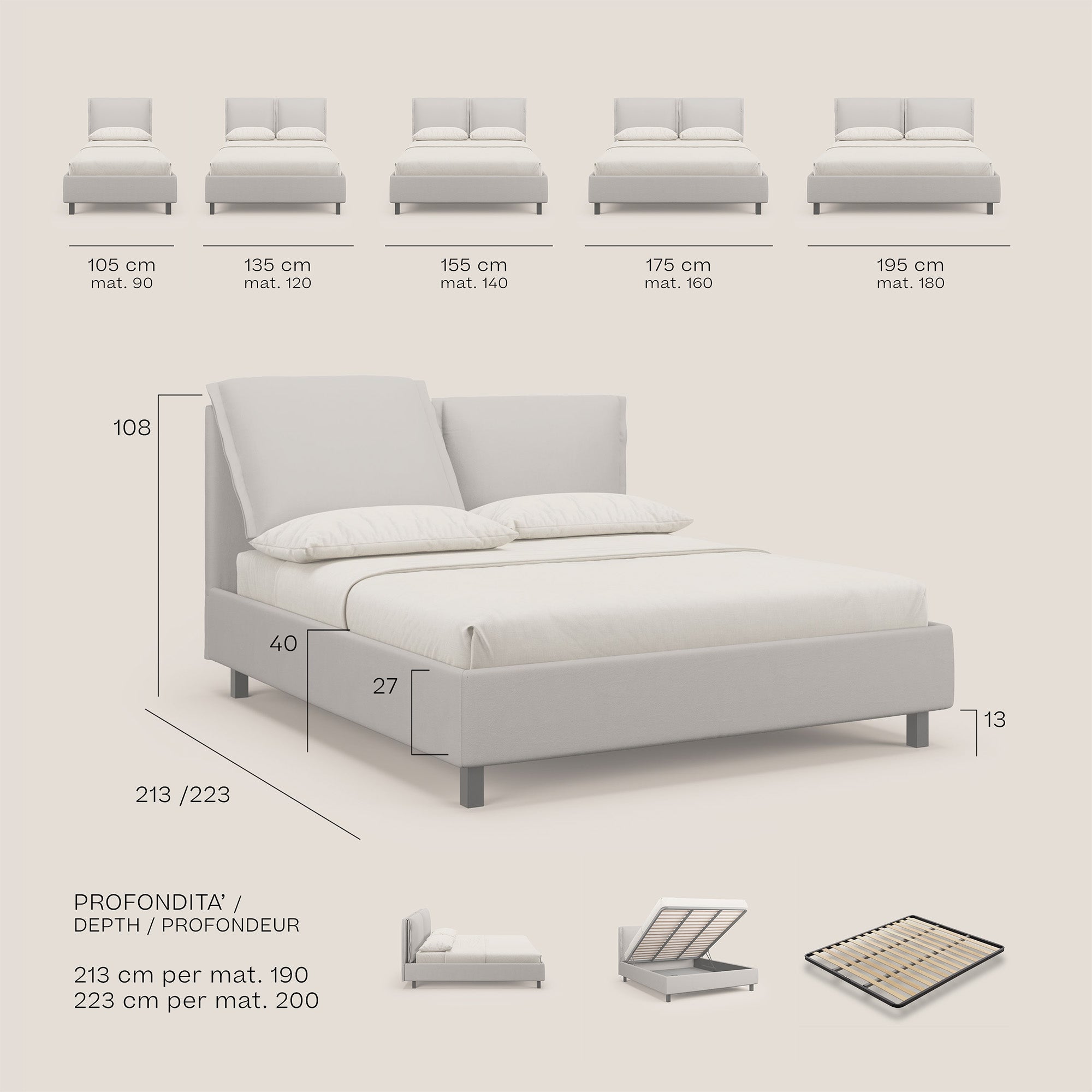 Emma letto contenitore con cuscini mobili in microfibra smacchiabile T11 grigio chiaro - divani.store