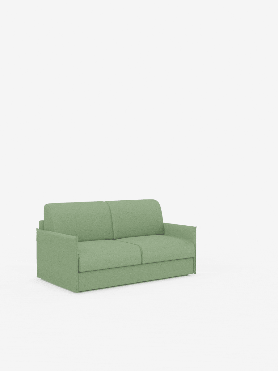 Un divano letto matrimoniale Evans di colore verde chiaro, sfoderabile, di Divani.Store, caratterizzato da un design compatto e da un pratico vano porta-cuscini, spicca su uno sfondo bianco a tinta unita. Rivestito in tessuto T23 facile da pulire, questo divano presenta due cuscini di seduta, due cuscini dello schienale e braccioli leggermente arrotondati che gli conferiscono un aspetto minimalista e contemporaneo, rendendolo il divano salvaspazio ideale per qualsiasi casa moderna.