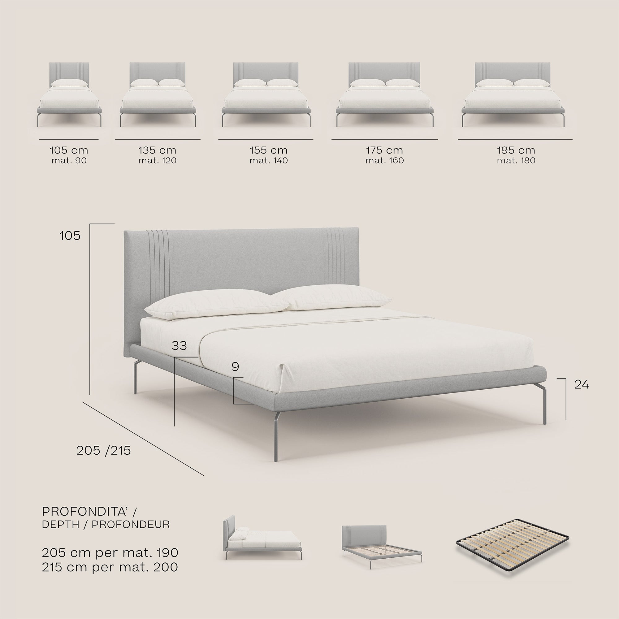 Finn letto imbottito con piedi alti in metallo in tessuto smacchiabile T05 carta da zucchero - divani.store