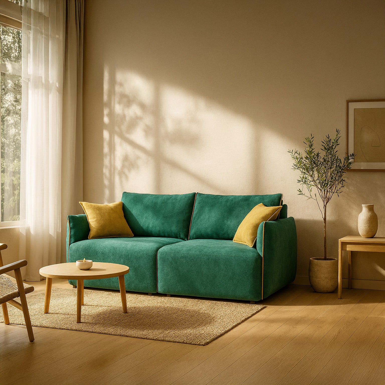 Un soggiorno illuminato dal sole con un divano Flexar con sedute allungabili e schienale in piuma in bouclé impermeabile T07 verde-giallo di Divani.Store, due cuscini gialli, tavolino in legno chiaro, ulivo, tappeto beige, opere d'arte alle pareti e tende velate.