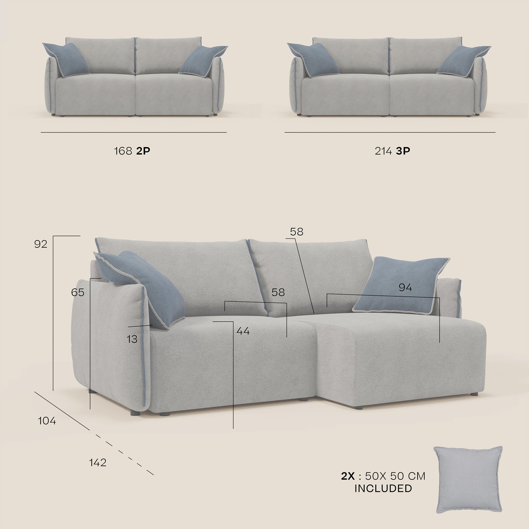 Flexar Canapé avec assises coulissantes et dossier en duvet en bouclette douce et imperméable T07 Beige