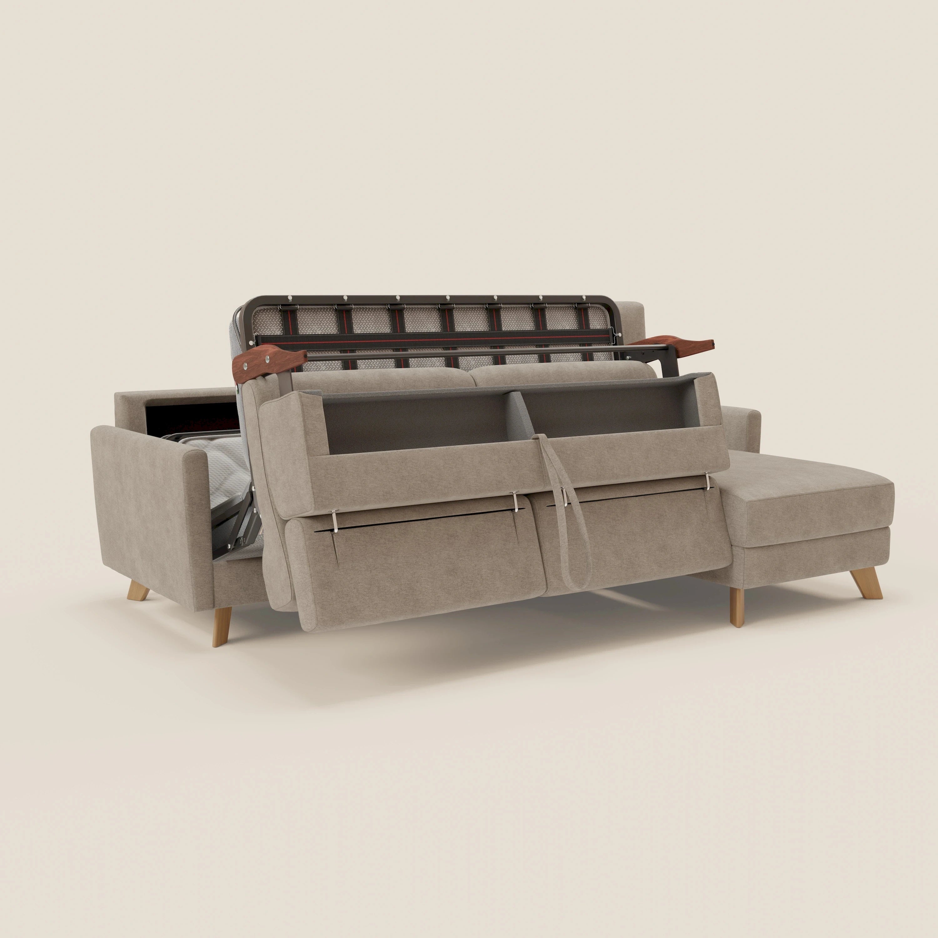 Francy canapé d'angle convertible déhoussable - méridienne avec coffre et têtières inclinables en tissu détachable T17 beige