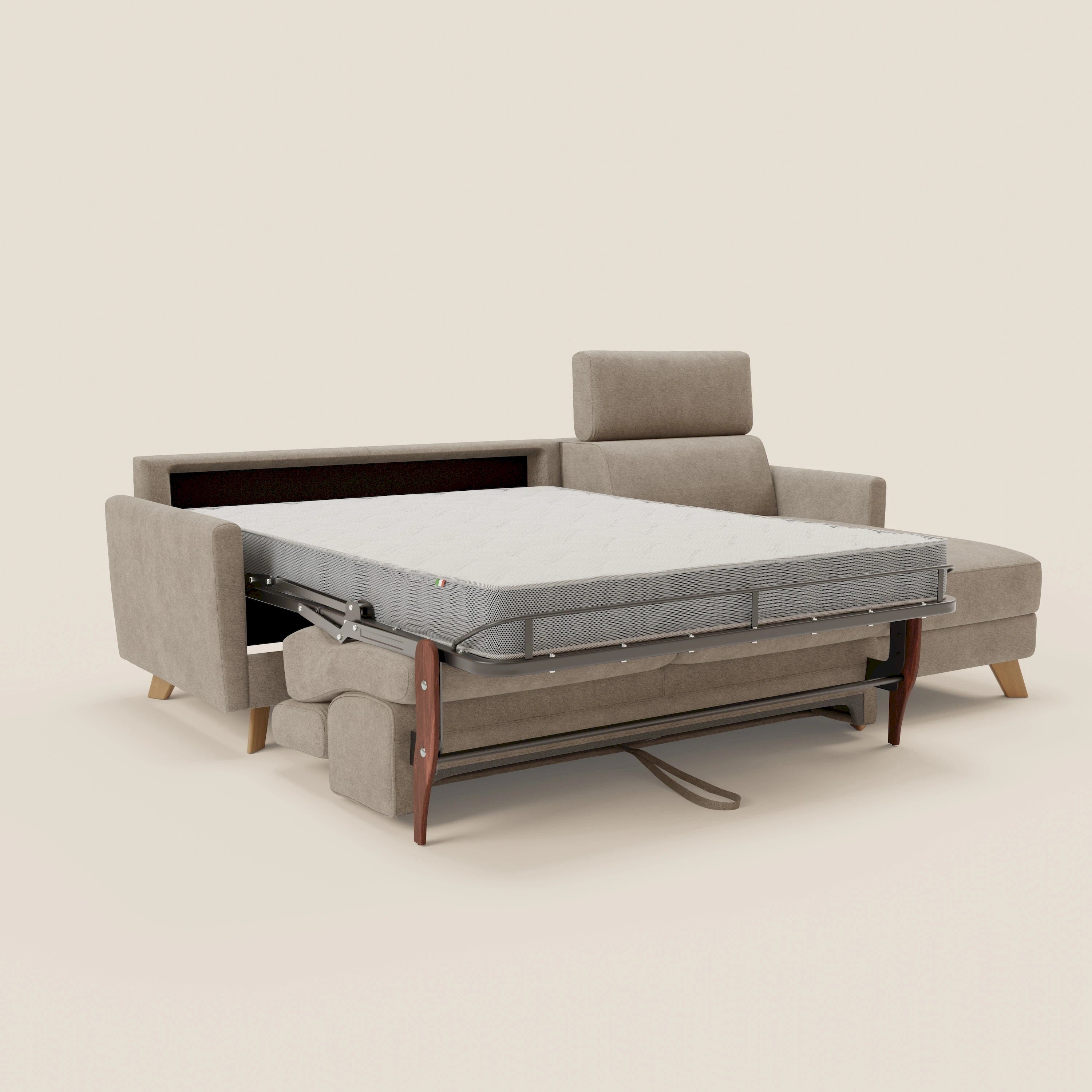 Francy canapé d'angle convertible déhoussable - méridienne avec coffre et têtières inclinables en tissu détachable T17 beige