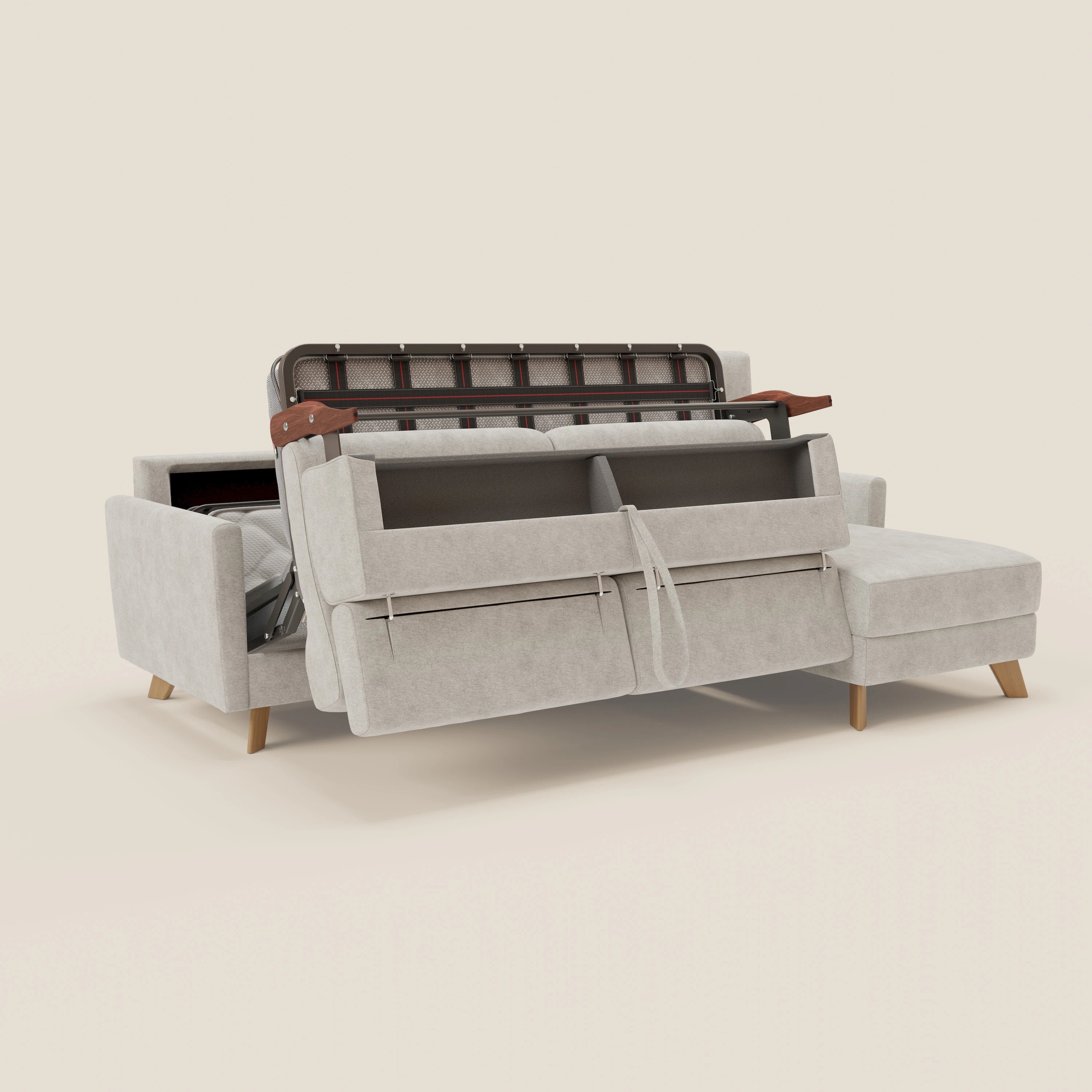 Francy Canapé d'angle convertible déhoussable - méridienne avec coffre et têtières inclinables en tissu détachable T17 blanc