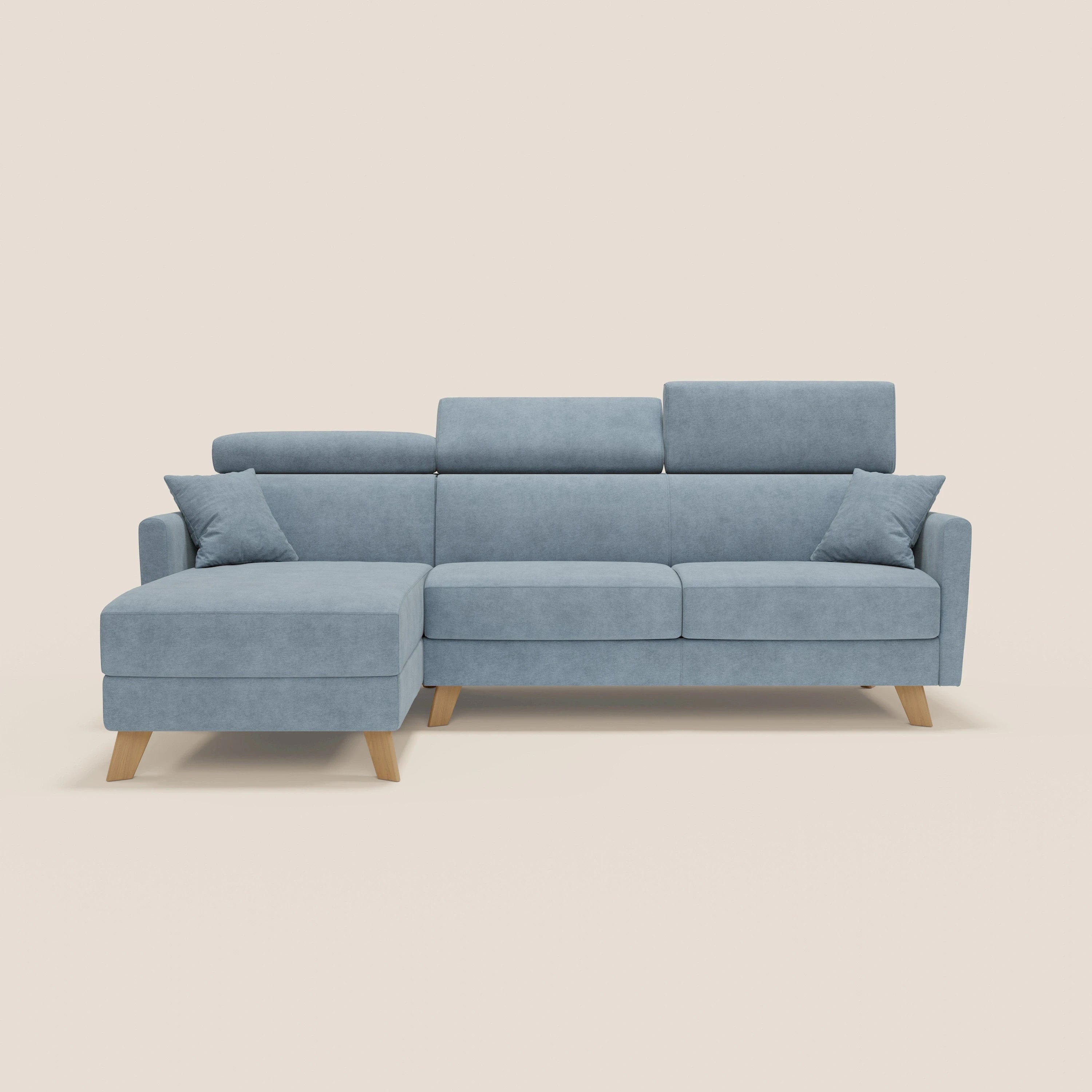 Francy canapé d'angle convertible déhoussable - méridienne avec coffre et têtières inclinables en tissu détachable T17 bleu pastel
