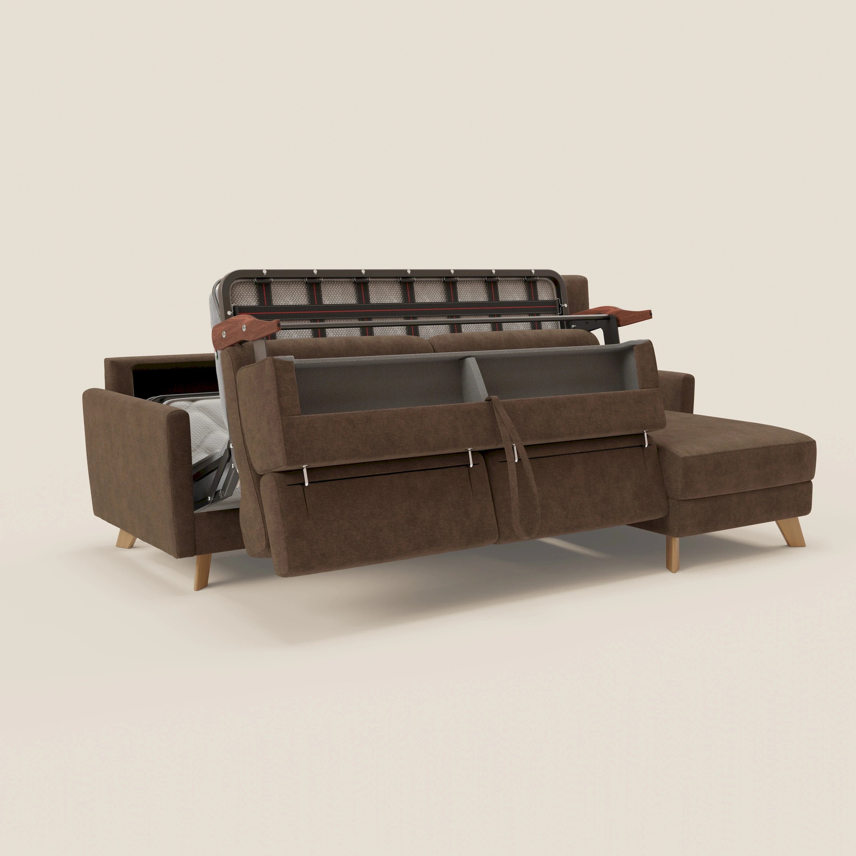 Francy canapé d'angle convertible déhoussable - méridienne avec coffre et têtières inclinables en tissu détachable T17 marron