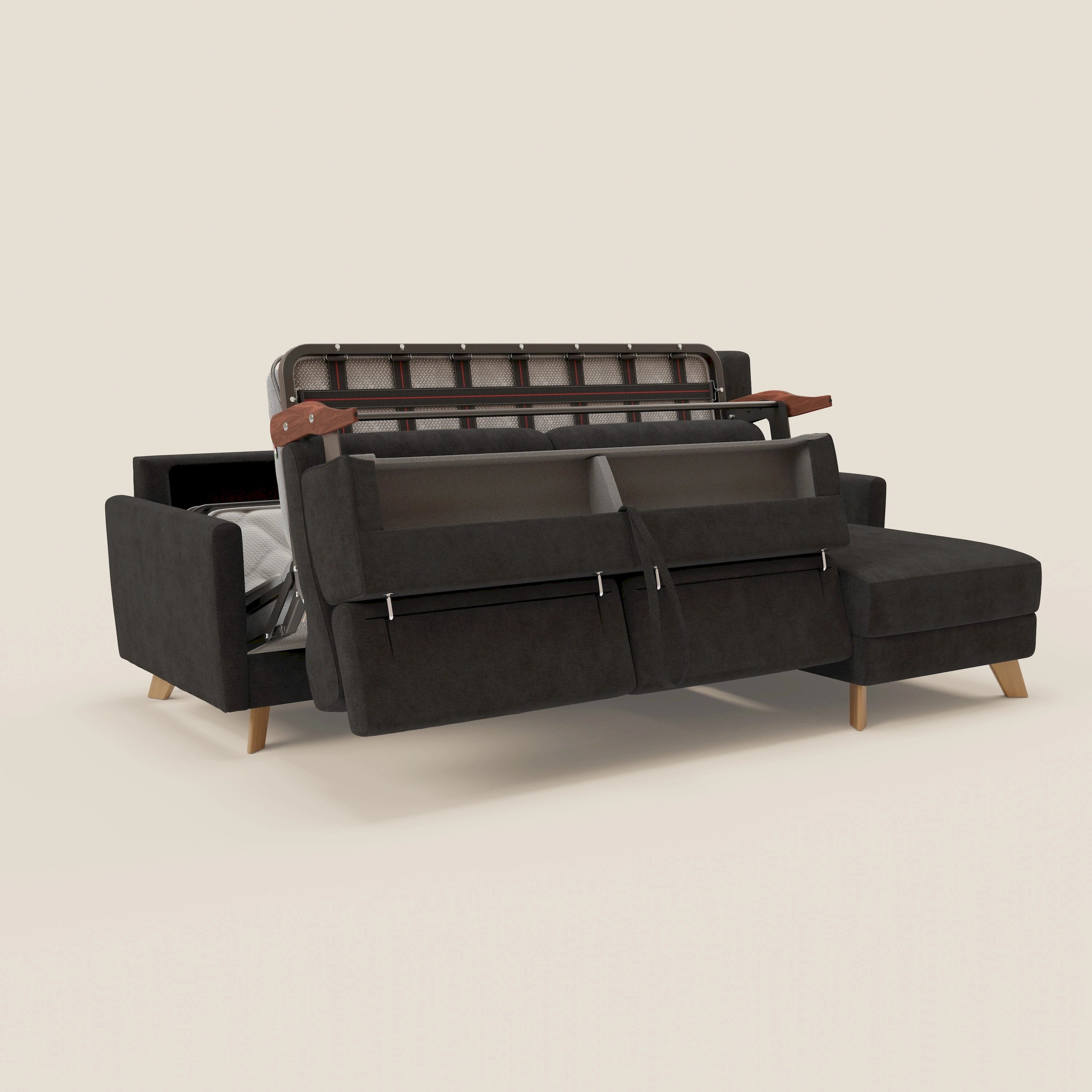 Francy canapé d'angle convertible déhoussable - méridienne avec coffre et têtières inclinables en tissu détachable T17 noir