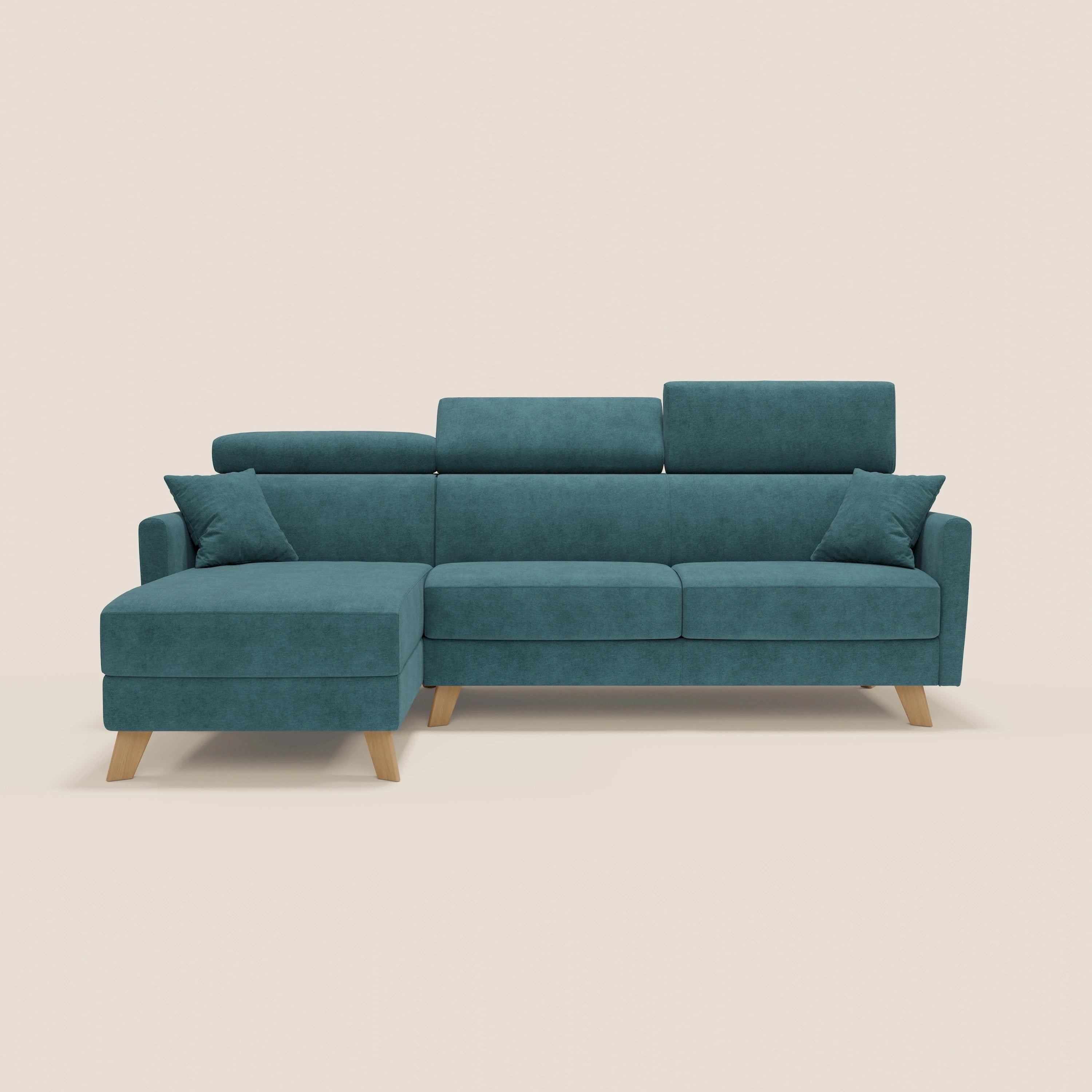 Francy canapé d'angle convertible déhoussable - méridienne avec coffre et têtières inclinables en tissu détachable T17 bleu canard