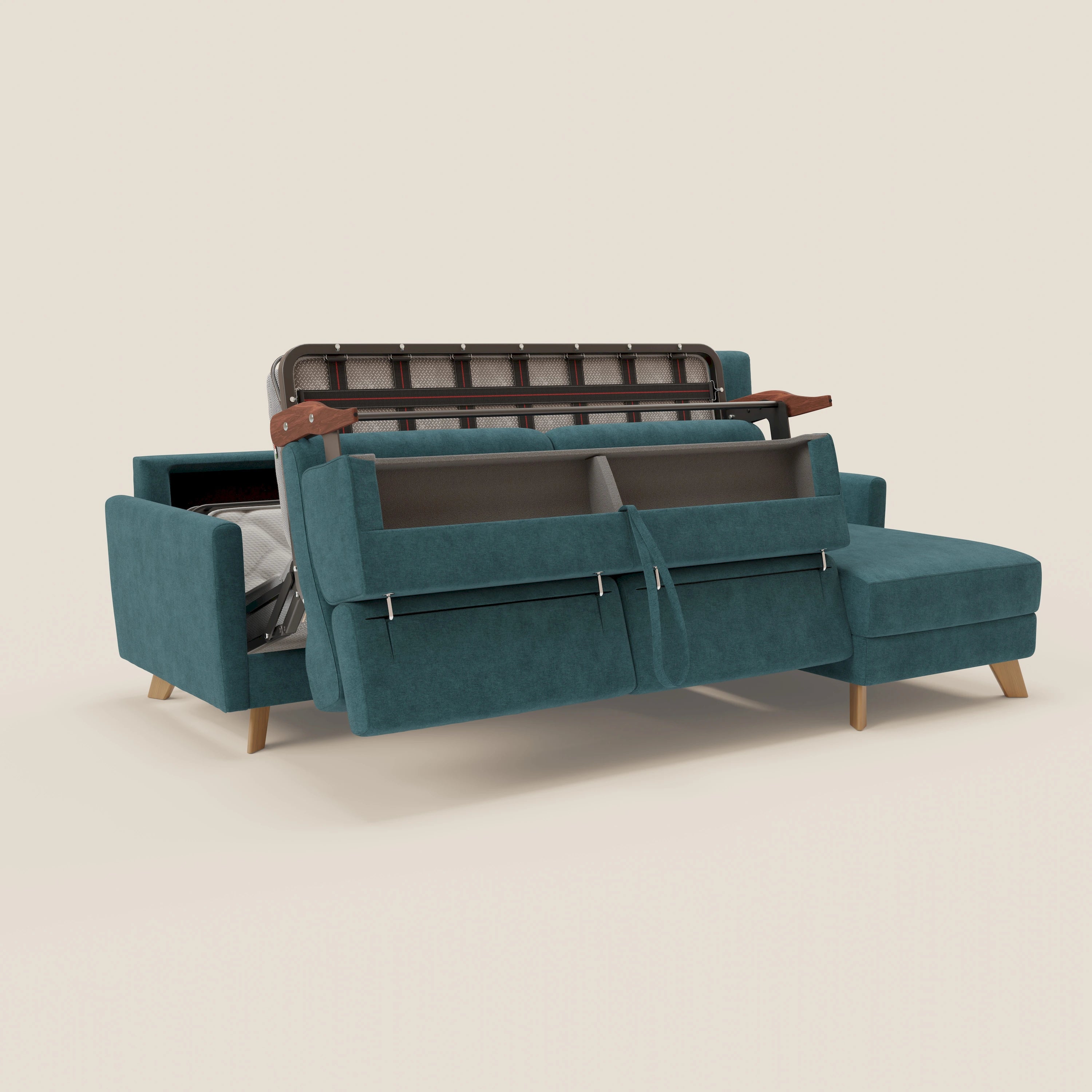 Francy canapé d'angle convertible déhoussable - méridienne avec coffre et têtières inclinables en tissu détachable T17 bleu canard