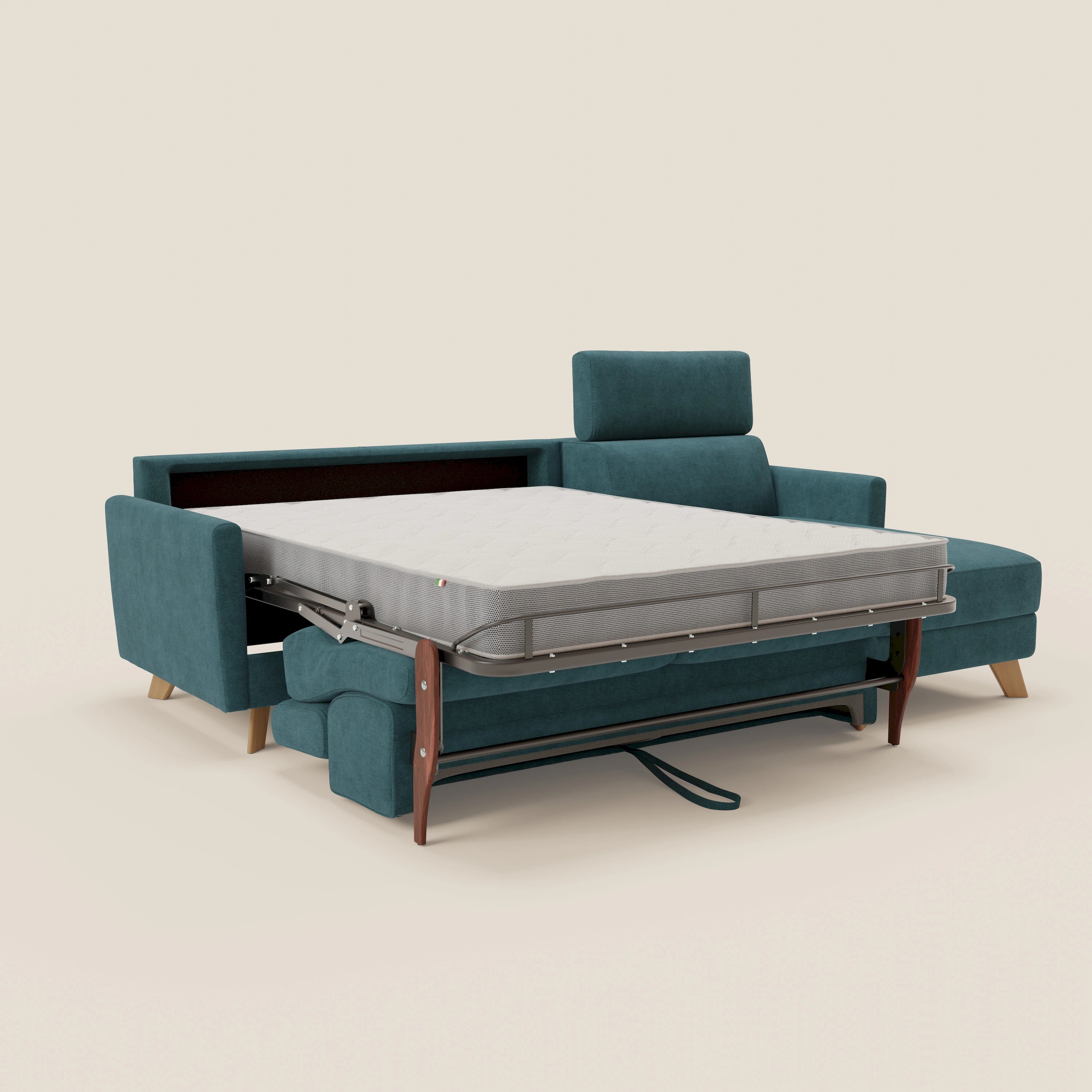 Francy canapé d'angle convertible déhoussable - méridienne avec coffre et têtières inclinables en tissu détachable T17 bleu canard