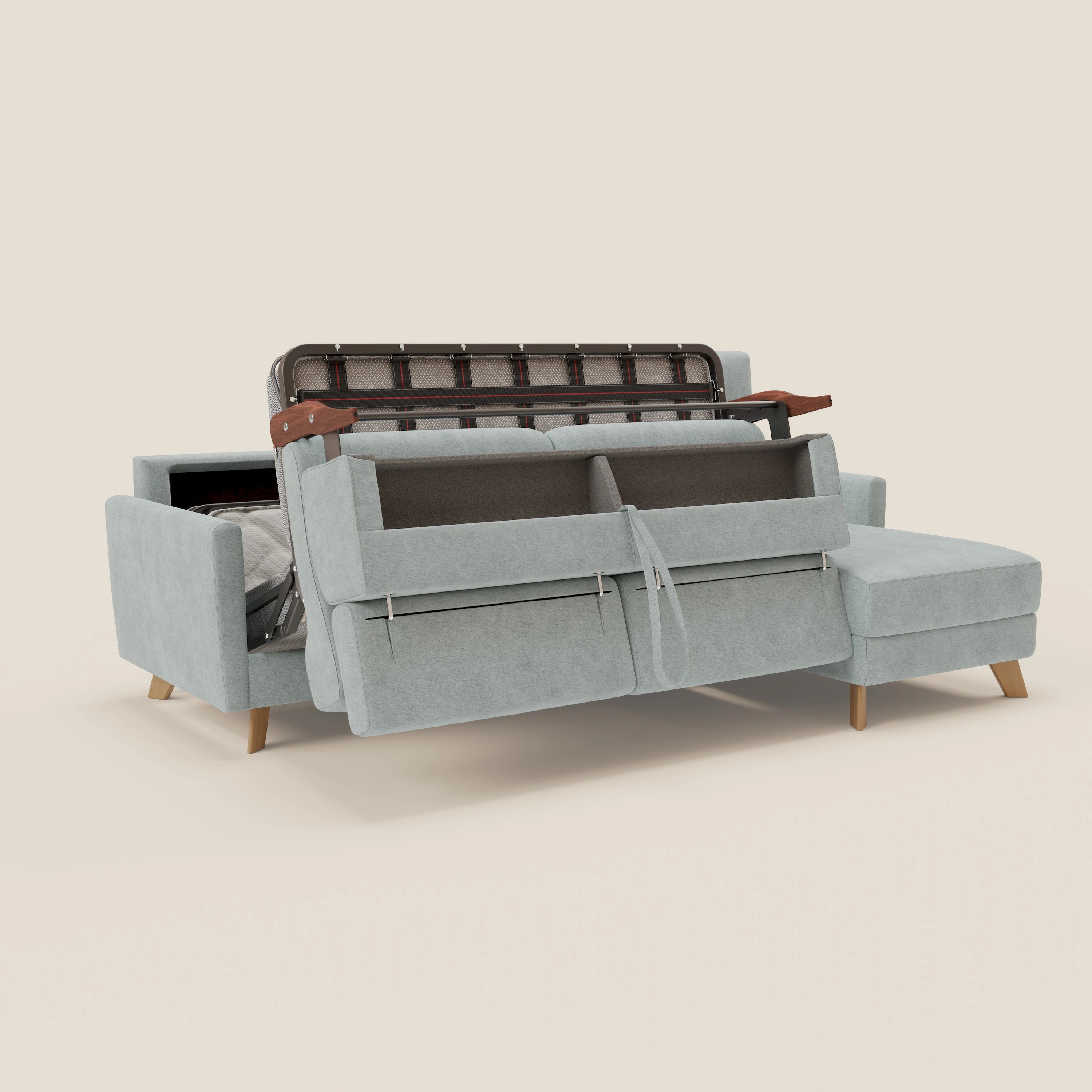 Francy canapé d'angle convertible déhoussable - méridienne avec coffre et têtières inclinables en tissu détachable T17 vert aquamarine