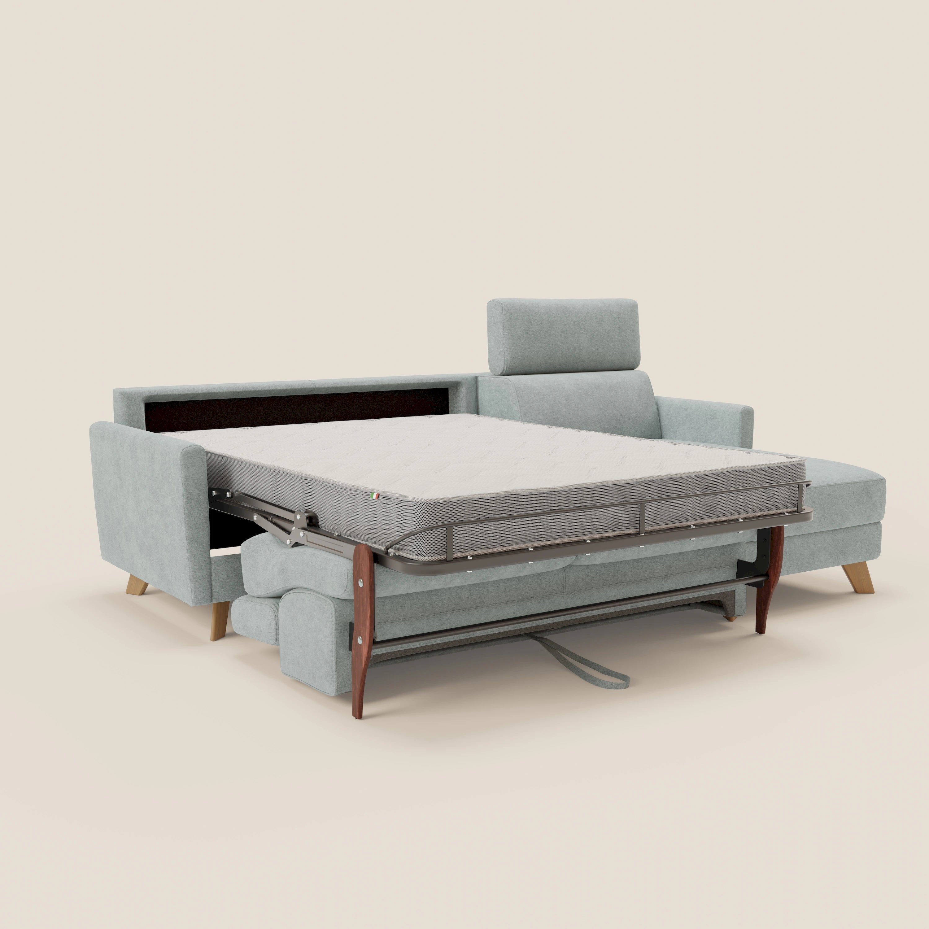 Francy canapé d'angle convertible déhoussable - méridienne avec coffre et têtières inclinables en tissu détachable T17 vert aquamarine