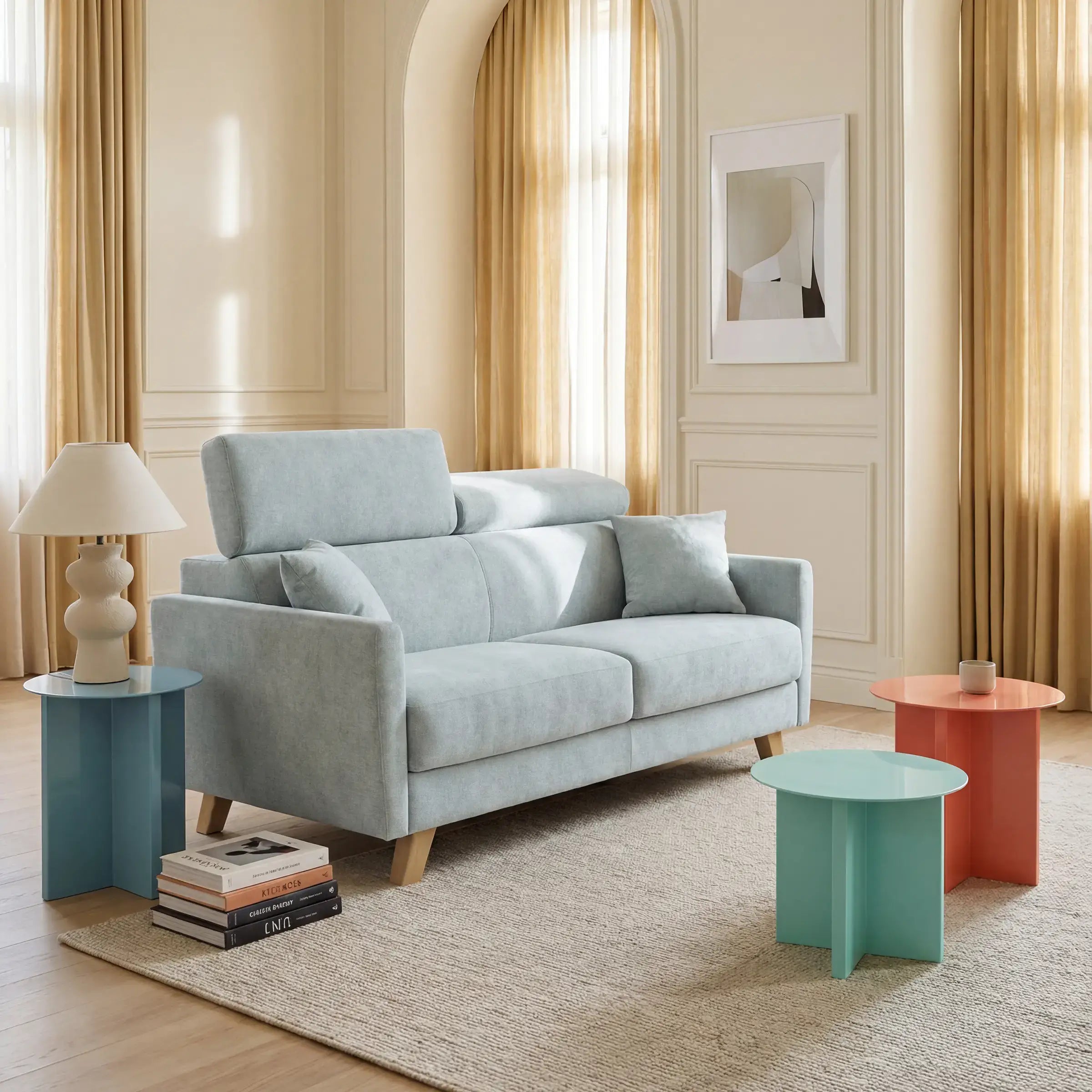 Un soggiorno moderno con il divano letto matrimoniale Francy di Divani.Store in tessuto verde acqua T17, due tavolini blu e rossi, un tavolino verde, una lampada beige, libri accatastati, pareti color crema, tende smorzate, arte astratta e luce naturale per un'atmosfera accogliente.