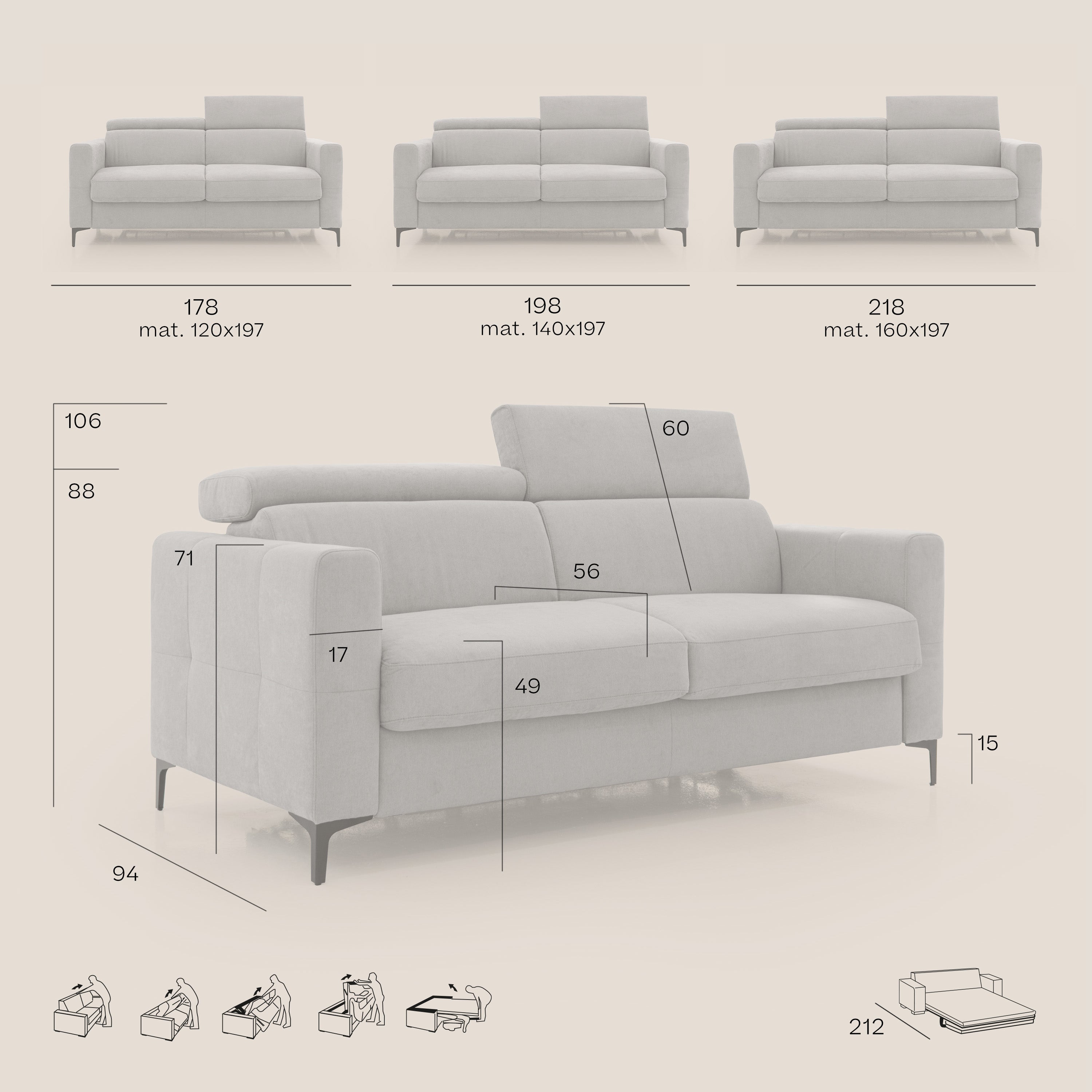 Gardenia divano letto materasso alto 18 cm con poggiatesta reclinabili e rivestimento impermeabile T02 blu - divani.store