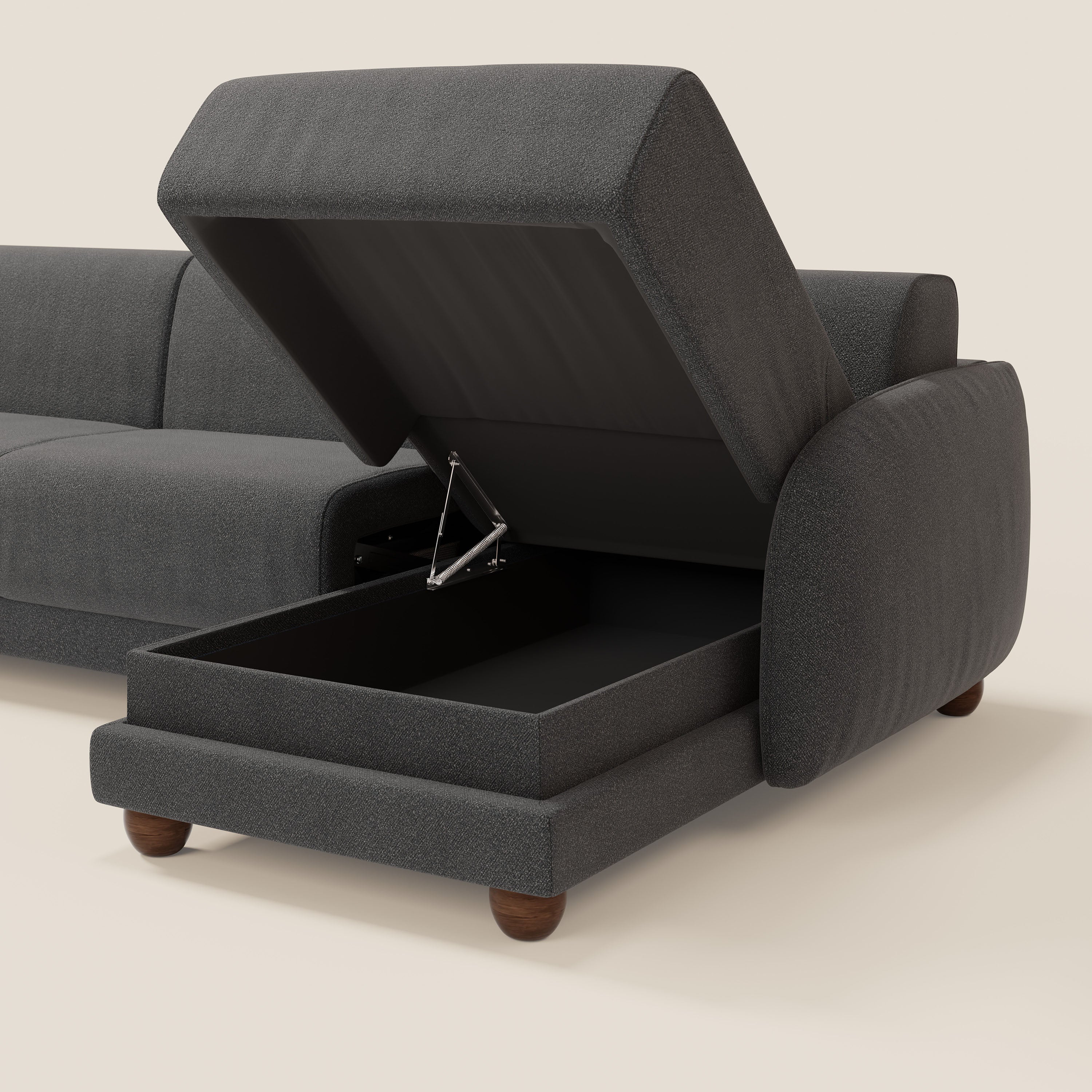 Giglio divano letto angolare con materasso alto 18 cm e penisola contenitore in morbido bouclé impermeabile T07 - divani.store