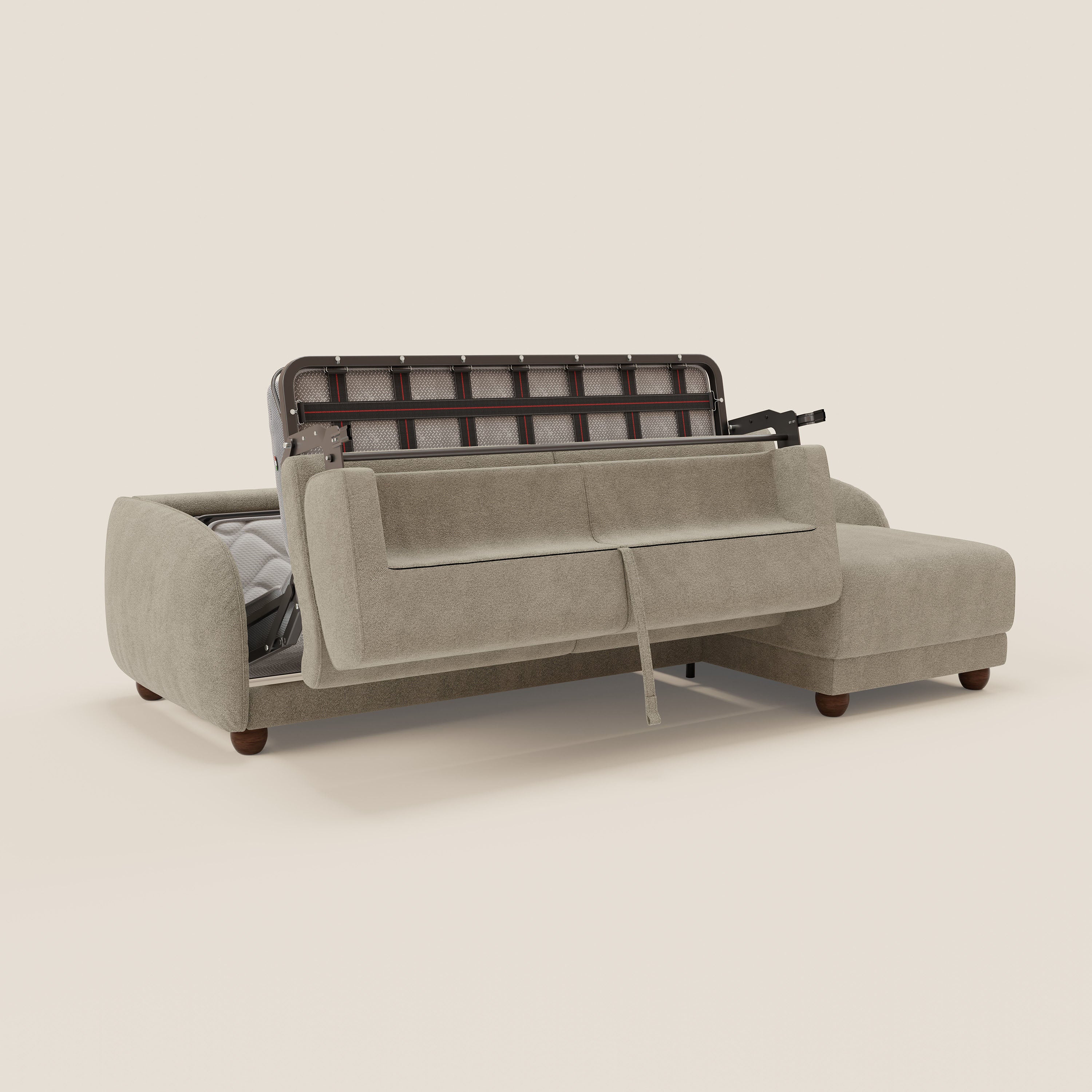 Giglio divano letto angolare con materasso alto 18 cm e penisola contenitore in morbido bouclé impermeabile T07 - divani.store