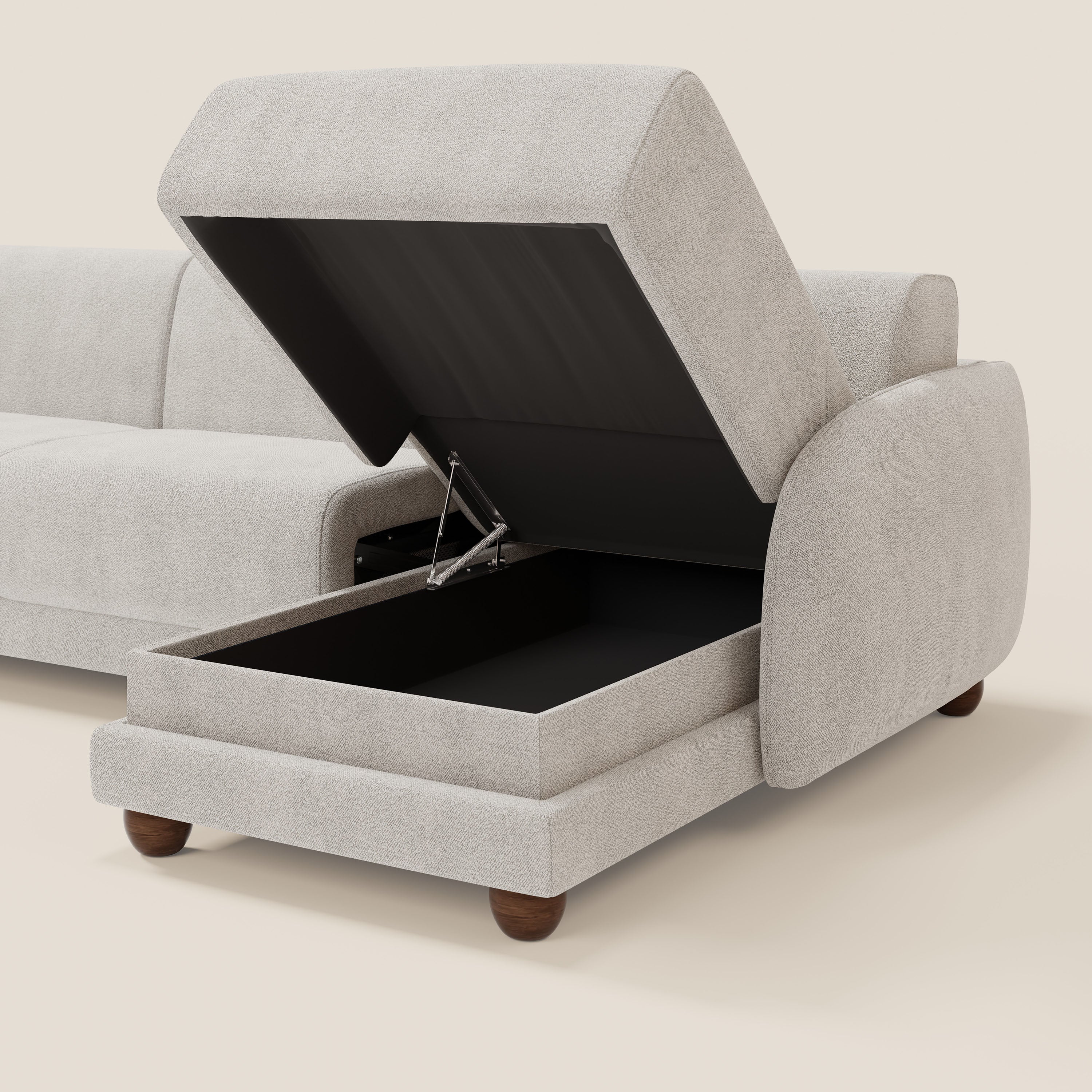 Giglio divano letto angolare con materasso alto 18 cm e penisola contenitore in morbido bouclé impermeabile T07 - divani.store