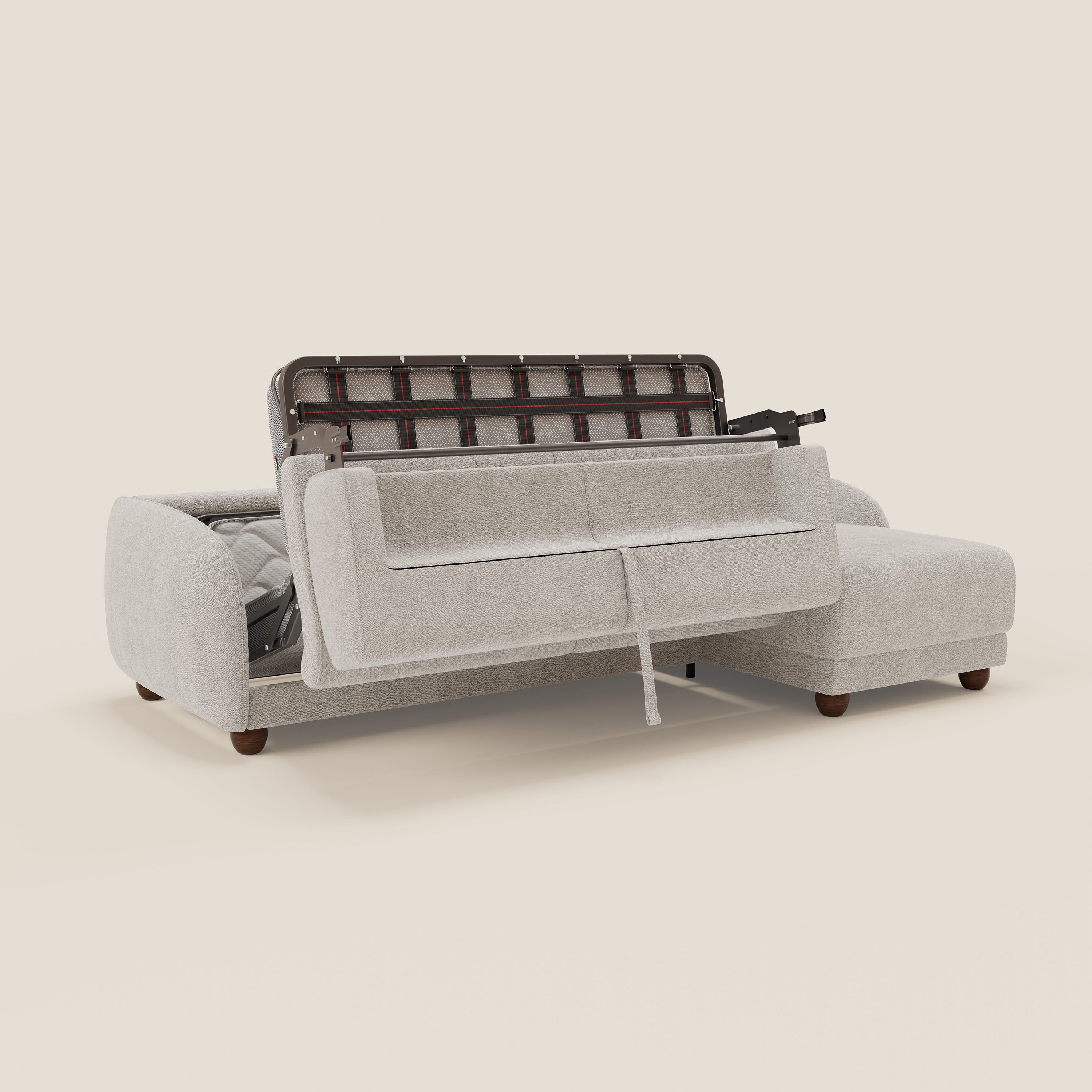 Giglio divano letto angolare con materasso alto 18 cm e penisola contenitore in morbido bouclé impermeabile T07 - divani.store