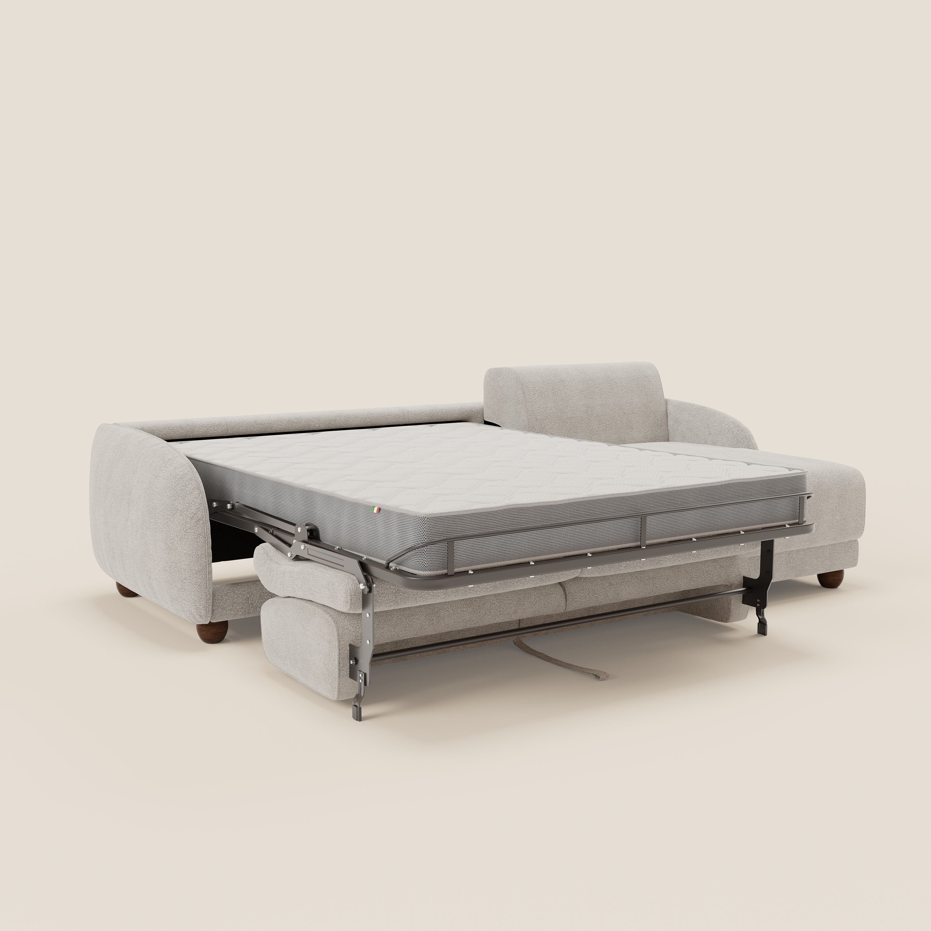 Giglio divano letto angolare con materasso alto 18 cm e penisola contenitore in morbido bouclé impermeabile T07 - divani.store