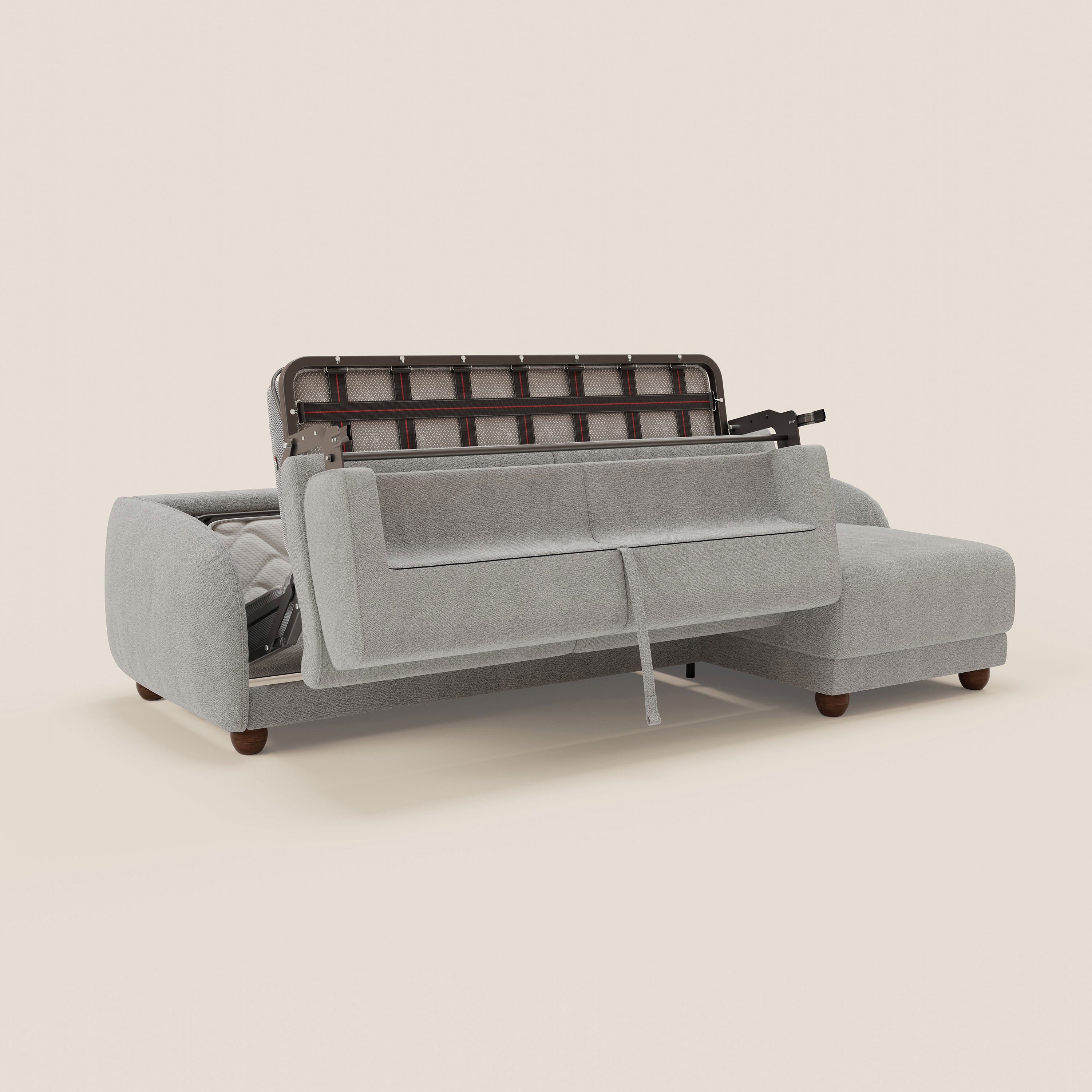 Giglio divano letto angolare con materasso alto 18 cm e penisola contenitore in morbido bouclé impermeabile T07 - divani.store