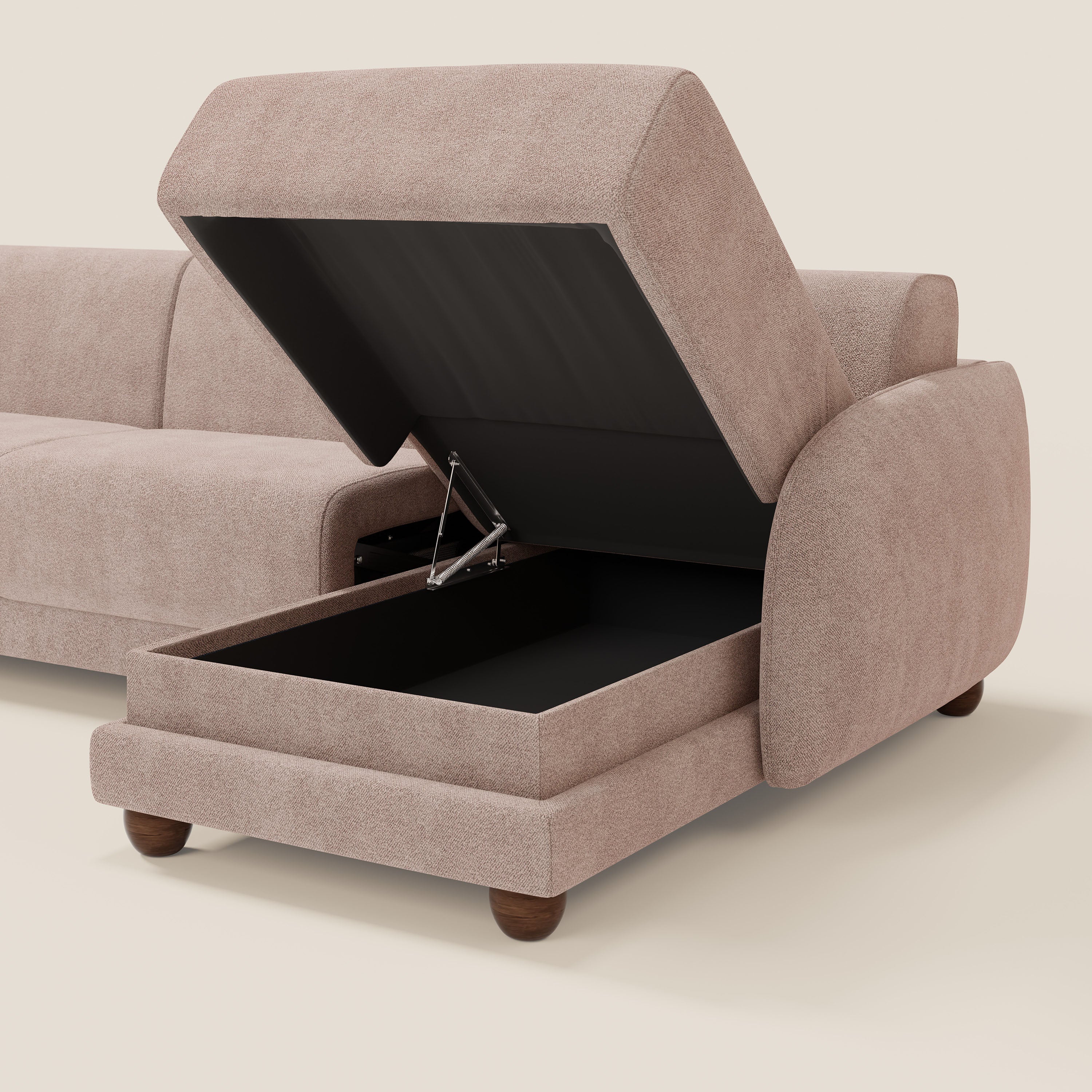 Giglio divano letto angolare con materasso alto 18 cm e penisola contenitore in morbido bouclé impermeabile T07 - divani.store