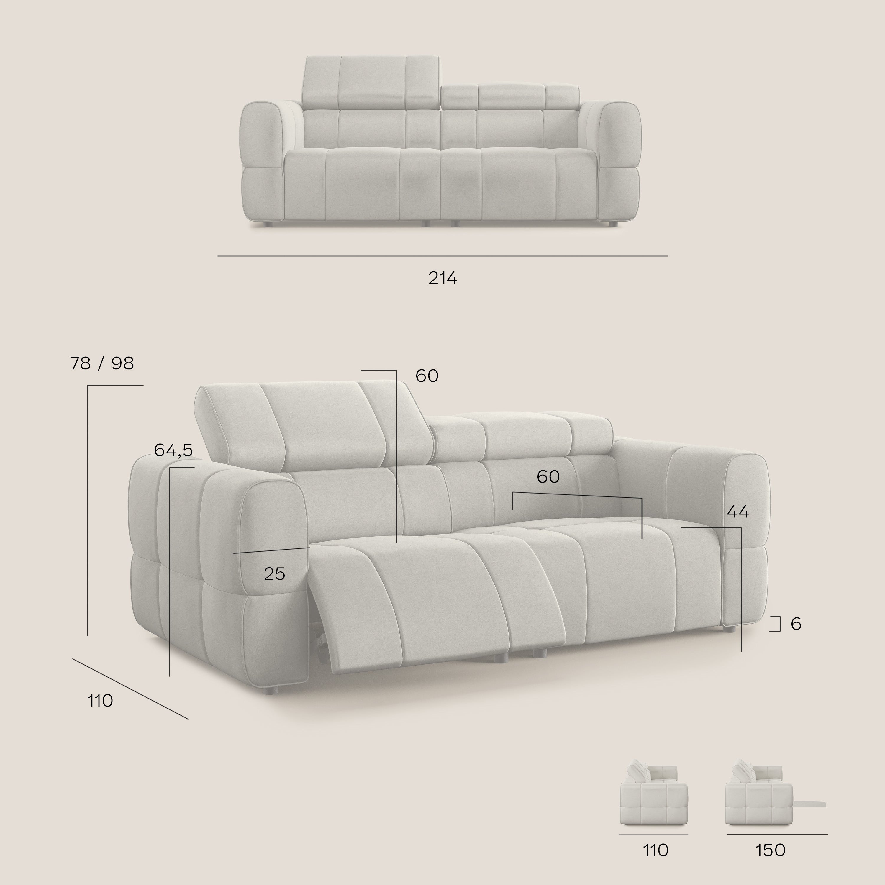 Giotto Divano modulare con opzione relax elettrico in microfibra effetto velluto impermeabile T09 carta da zucchero - divani.store