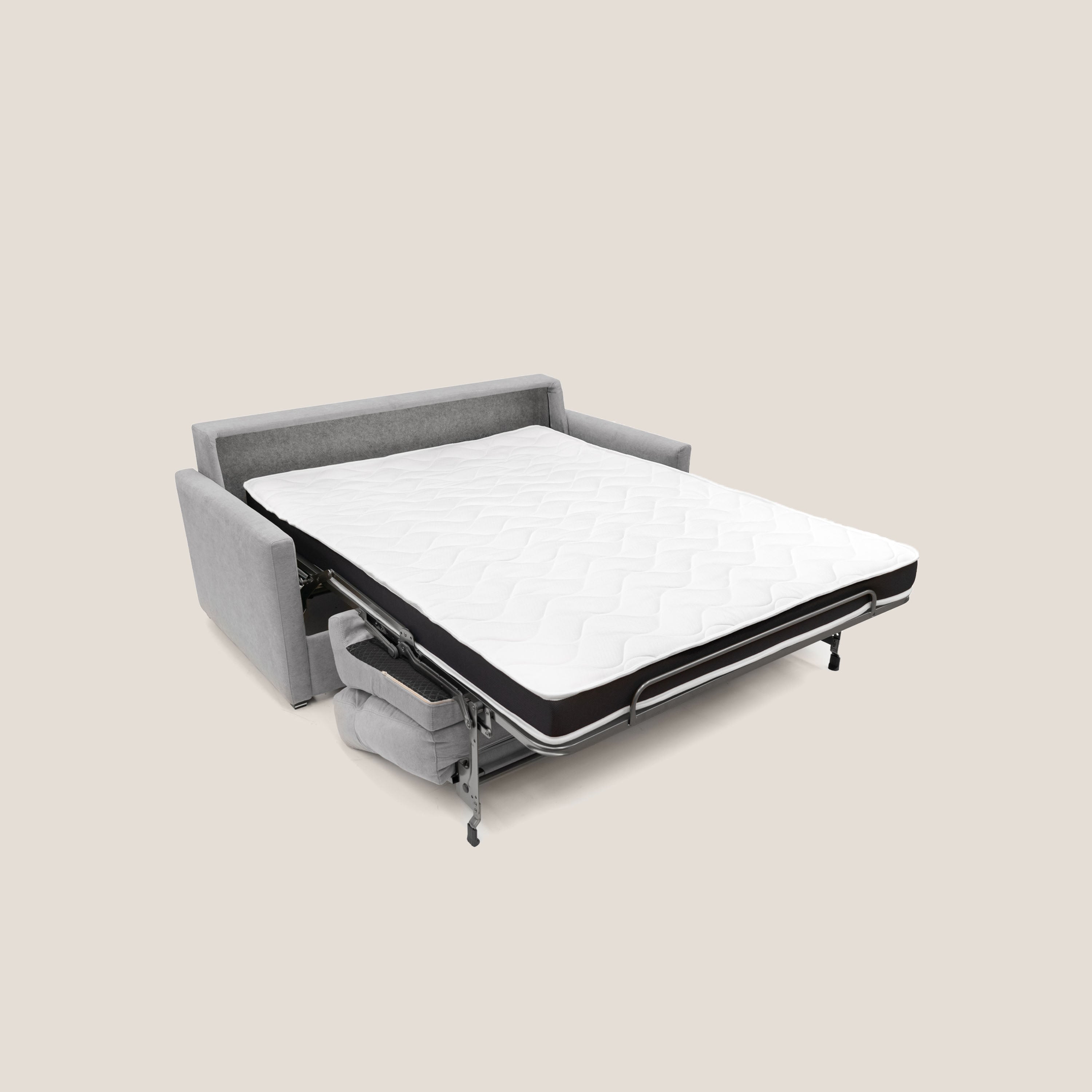 Margot Divano letto matrimoniale con schienale morbido alto in tessuto T02 grigio chiaro - divani.store