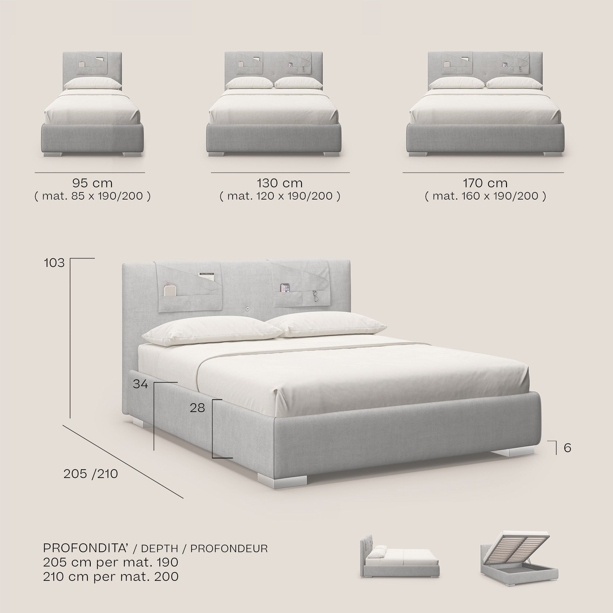Horus letto imbottito contenitore e presa USB sulla testata in tessuto impermeabile T02 nero - divani.store