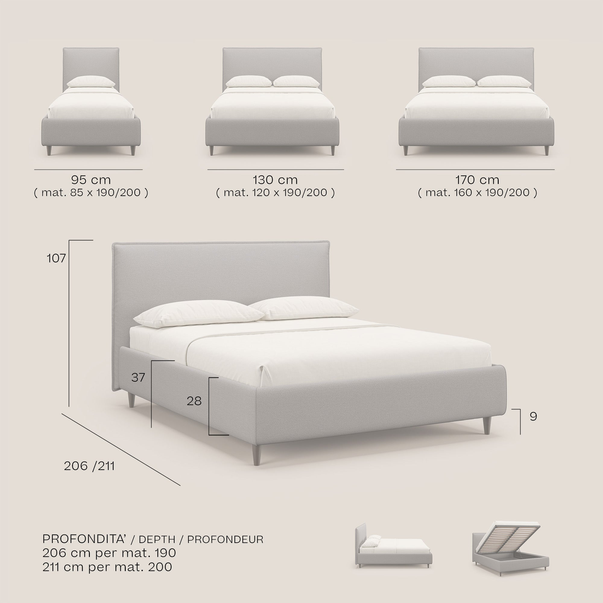 Hunter letto imbottito contenitore sfoderabile in tessuto impermeabile fiammato T19 carta da zucchero - divani.store
