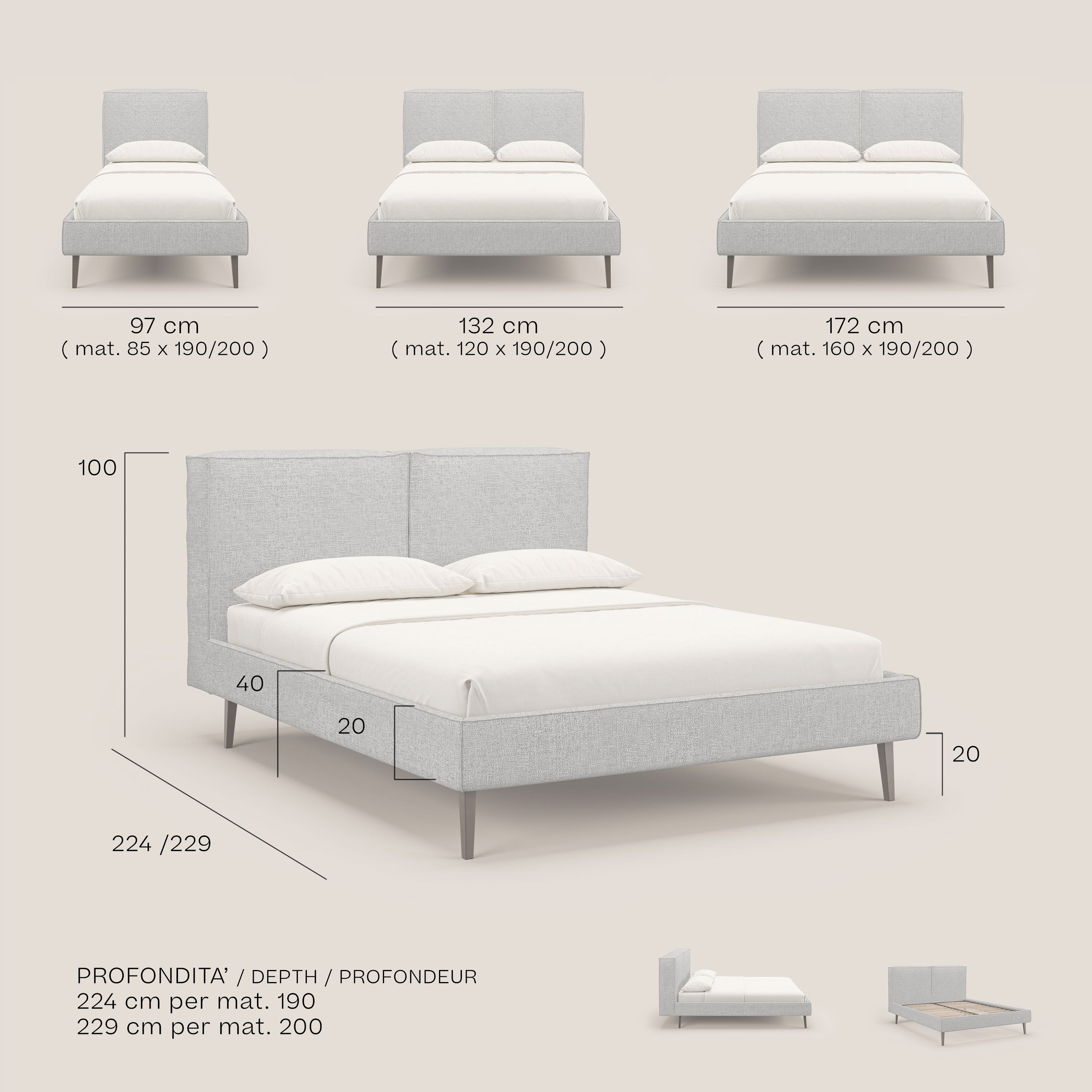 Isotta letto imbottito completamente sfoderabile in morbido tessuti impermeabile T10 grigio chiaro - divani.store