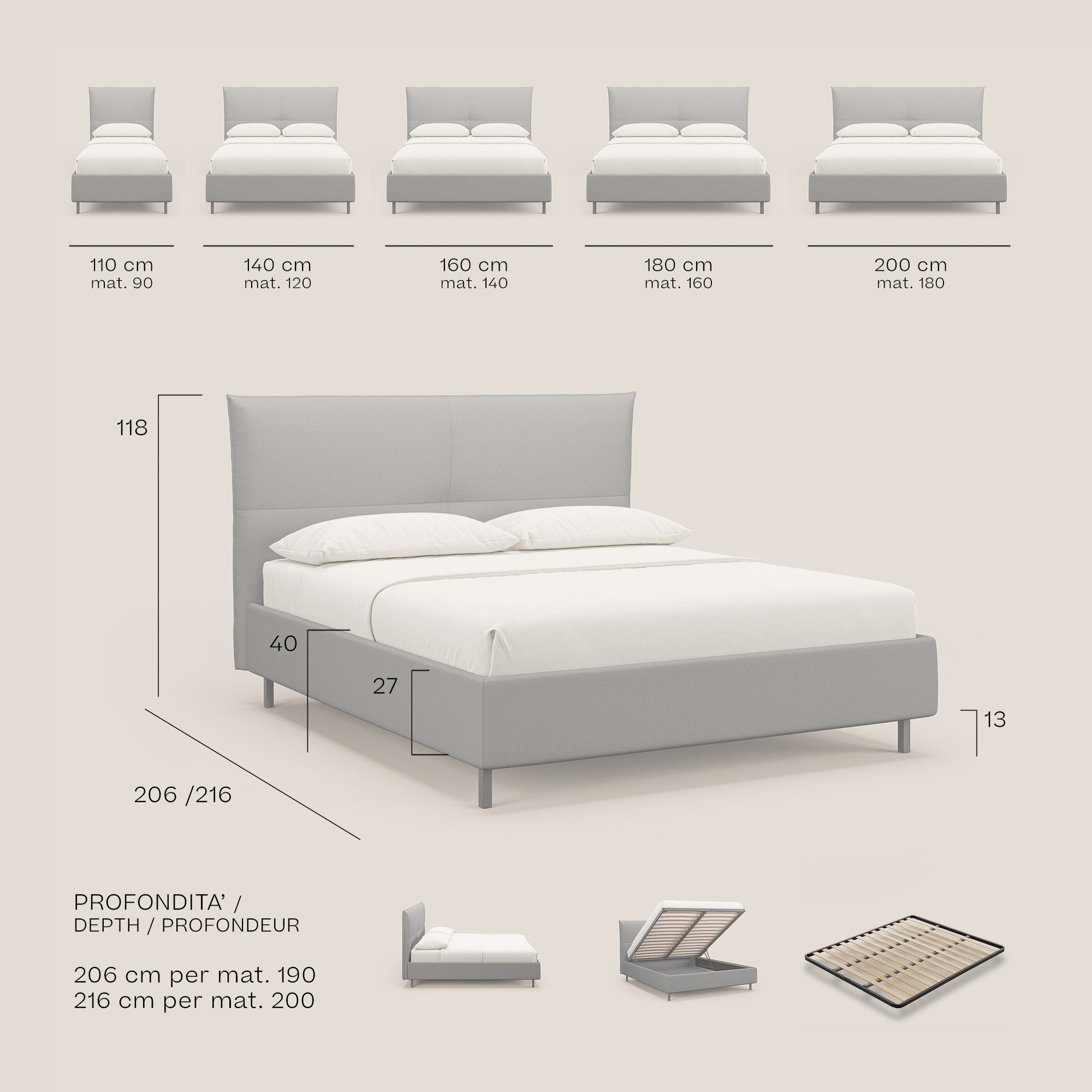 Izumi letto imbottito contenitore con piedi alti in tessuto smacchiabile T05 giallo - divani.store