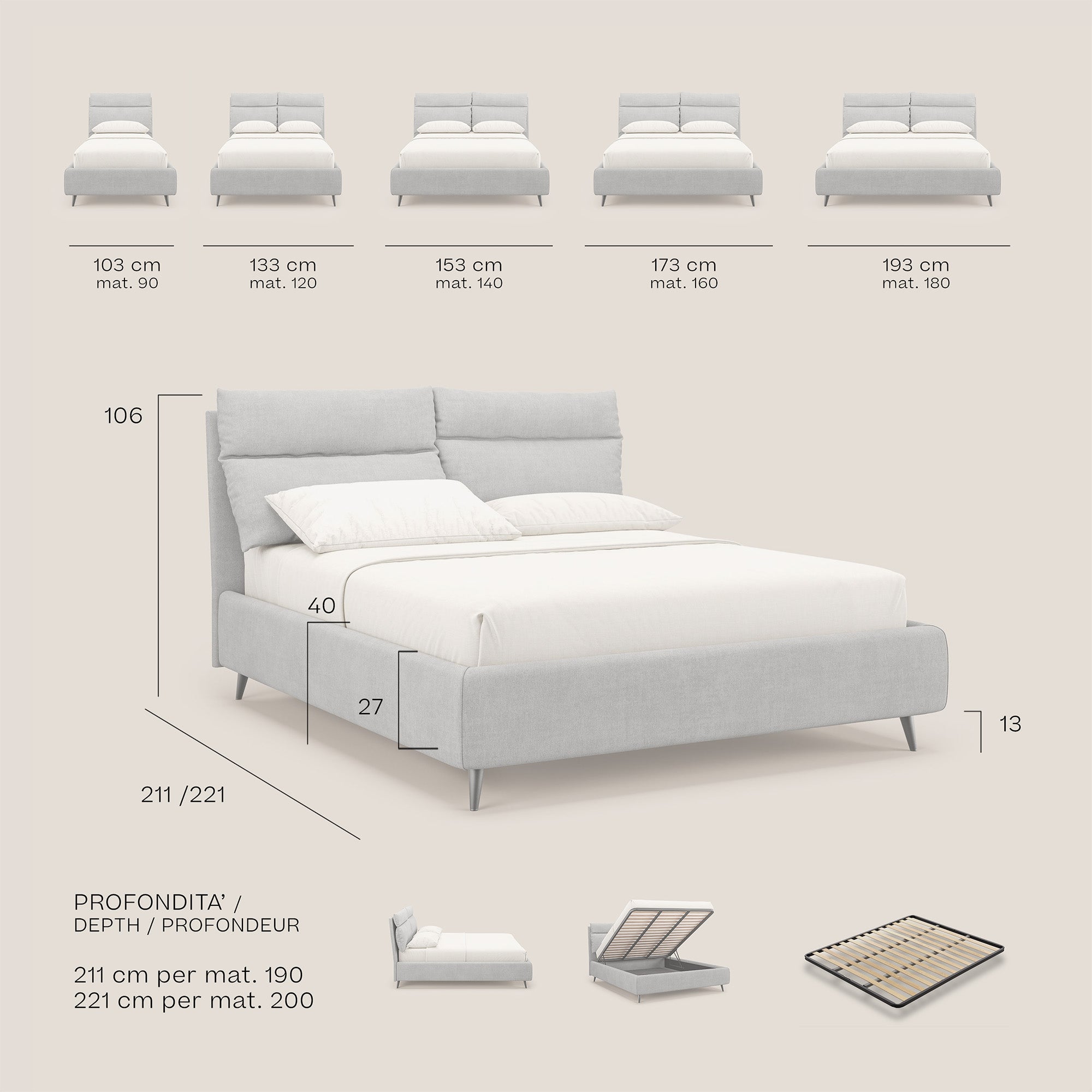 Jerry letto imbottito contenitore e cuscini reclinabili in tessuto smacchiabile T17 blu - divani.store