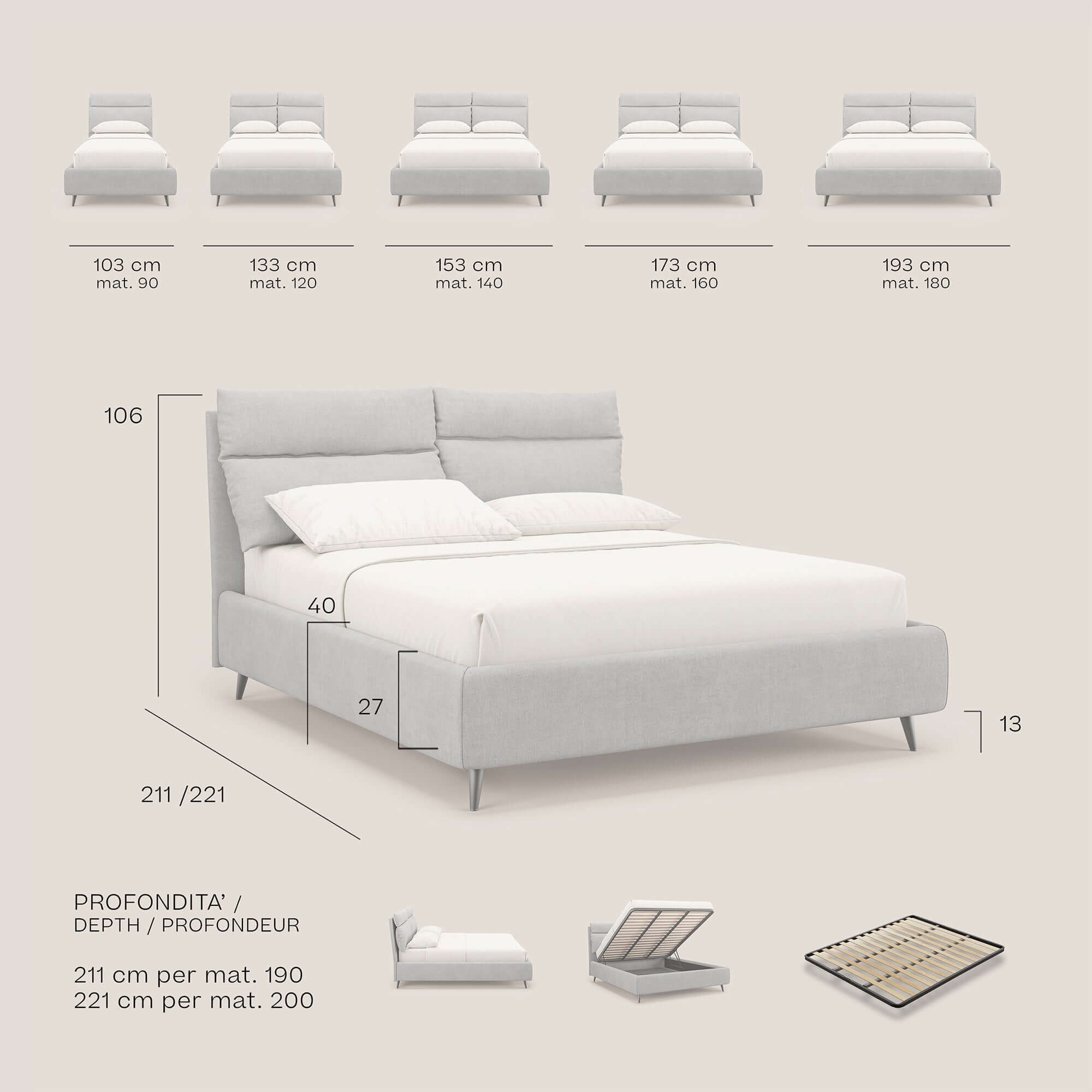 Jerry letto imbottito contenitore e cuscini reclinabili in tessuto smacchiabile T17 bianco - divani.store