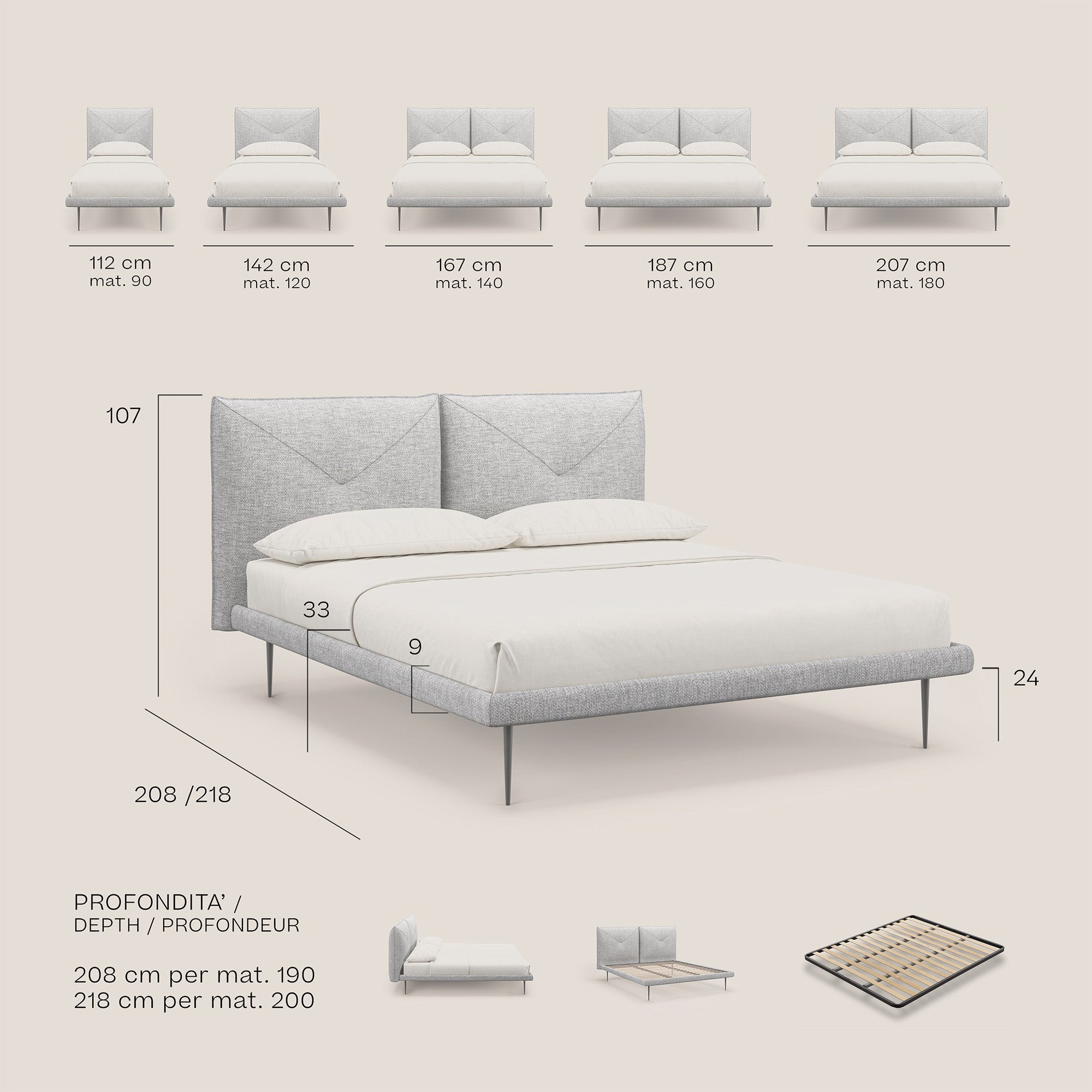 Jolie letto a doppio pannello con piedi alti in metallo in tessuto smacchiabile T18 beige - divani.store