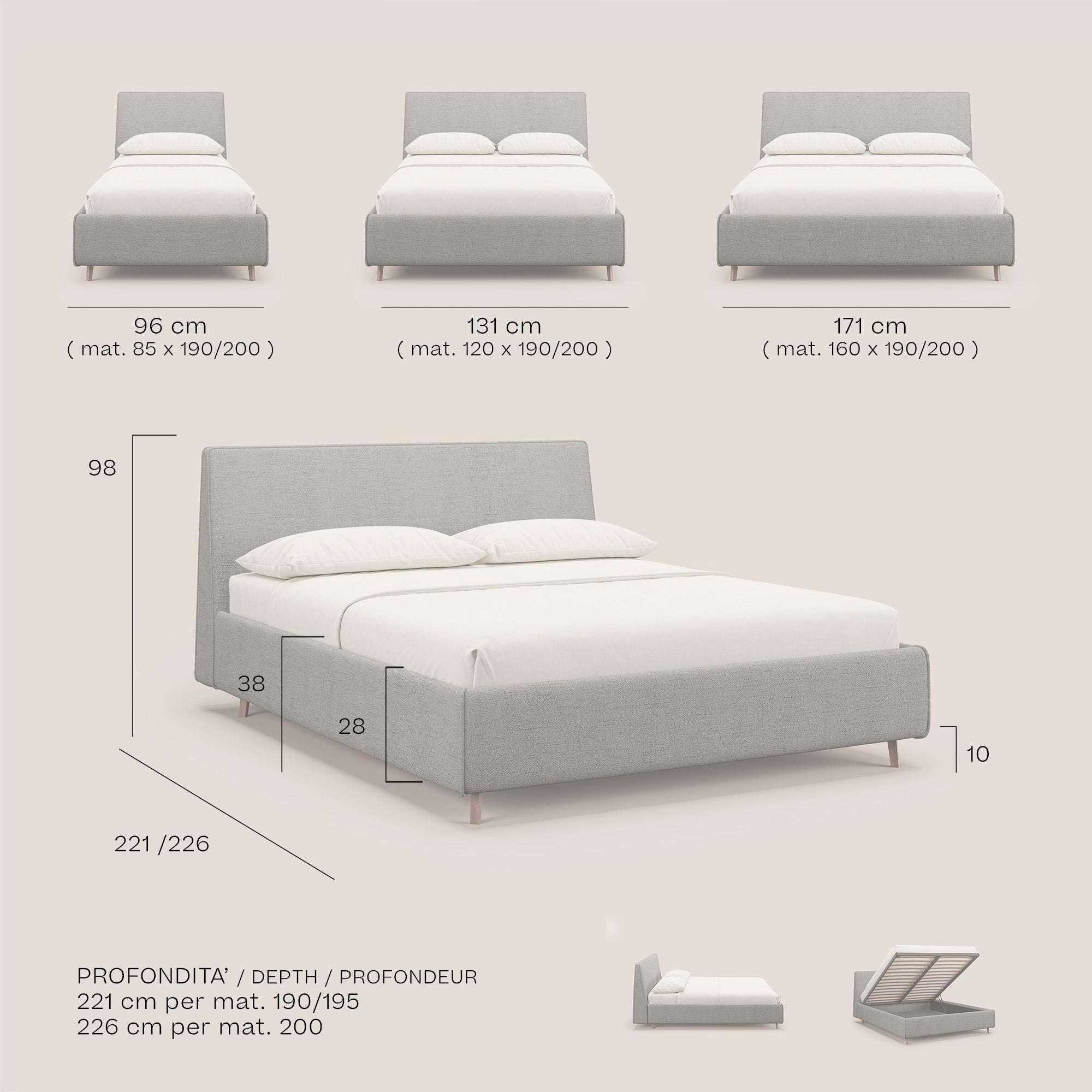Justin letto imbottito contenitore e sfoderabile in tessuto fiammato impermeabile T03 grigio chiaro - divani.store