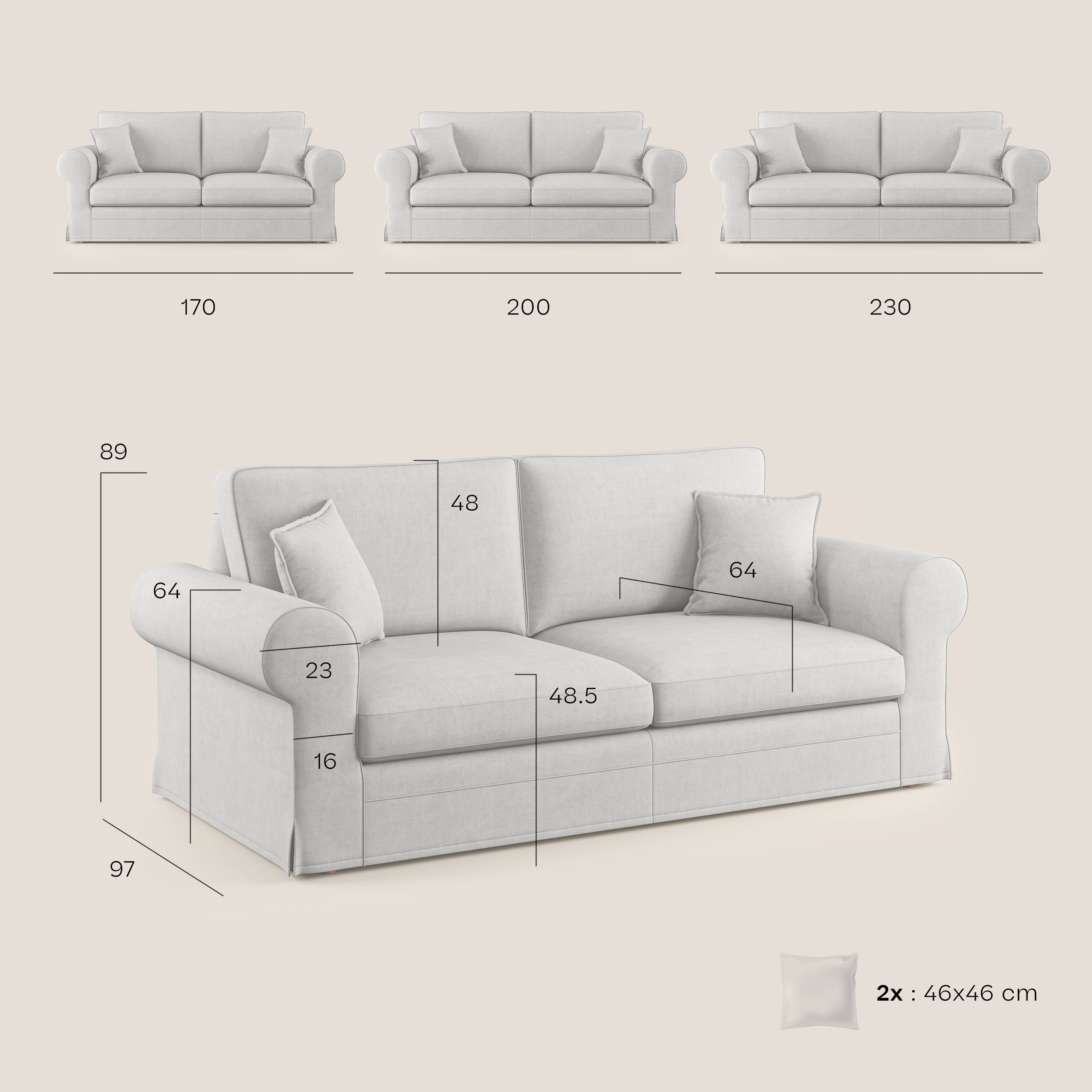 Lady divano classico in piuma d'oca realizzato con tessuto impermeabile T02 carta da zucchero - divani.store