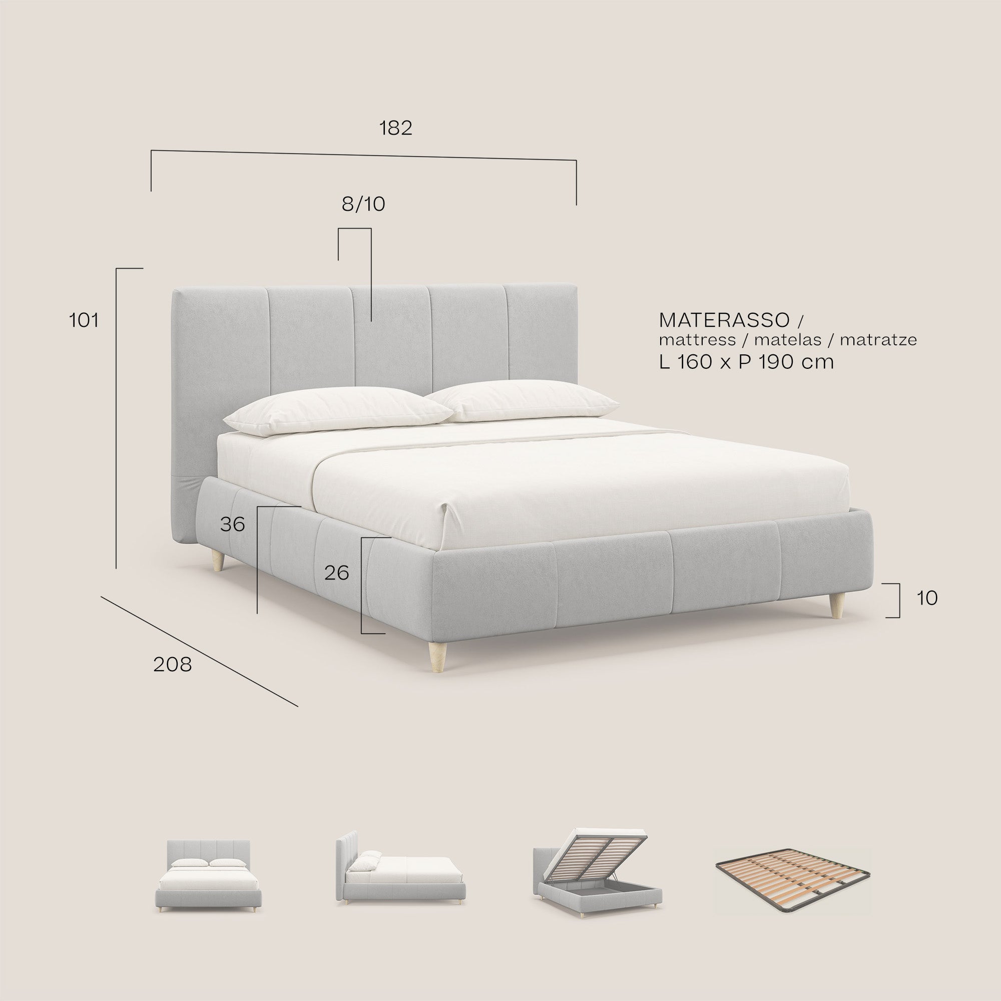 Laura letto imbottito contenitore e sfoderabile in microfibra velluto impermeabile T09 carta da zucchero - divani.store