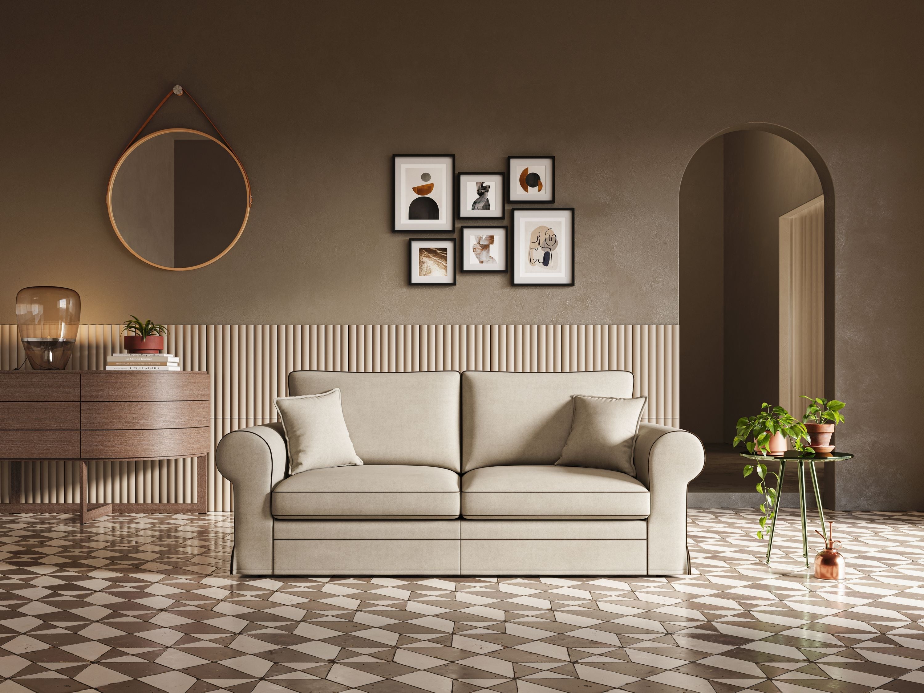 Lady divano classico bicolore in piuma d'oca realizzato con tessuto impermeabile T02 panna - marrone - divani.store