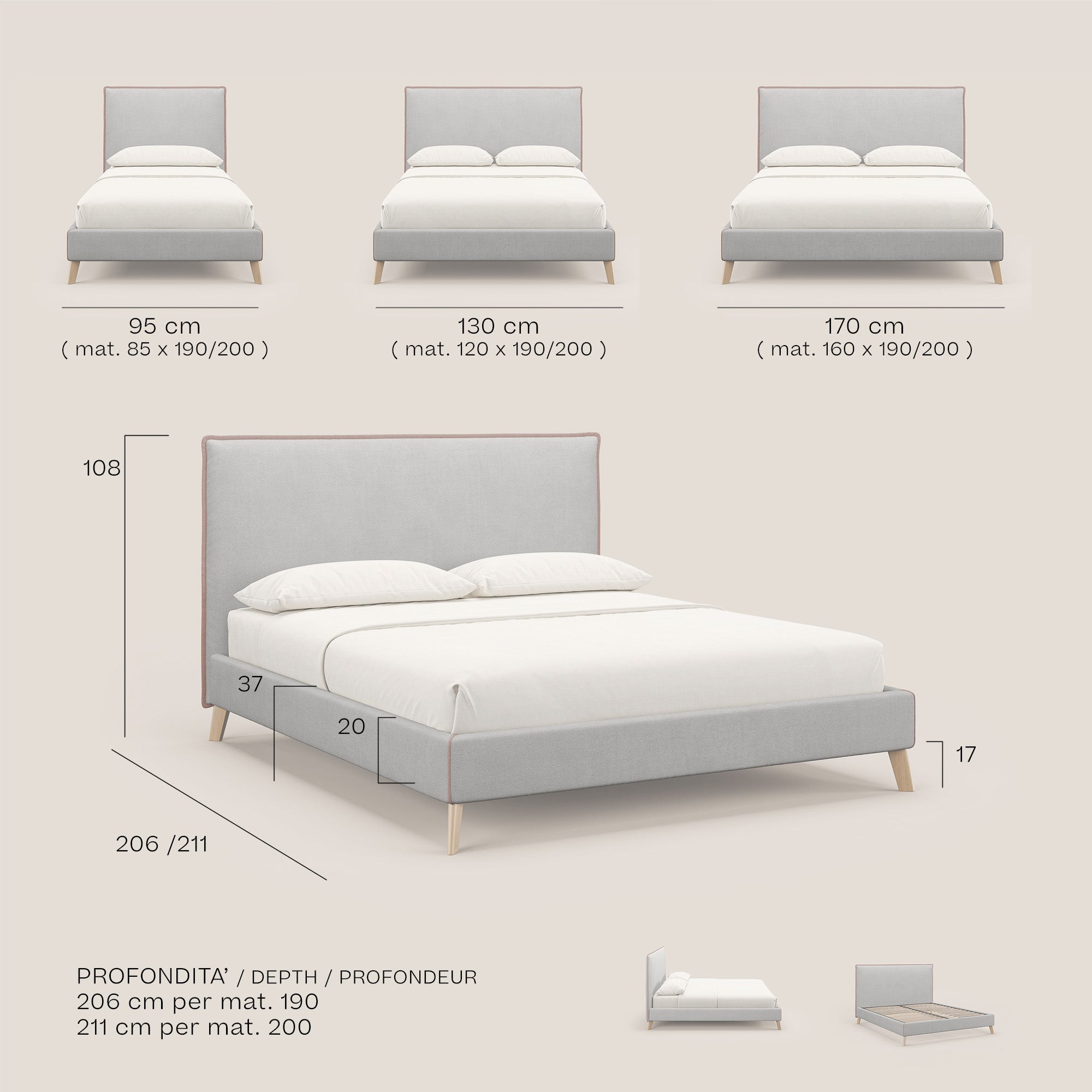 Leila letto imbottito con piedini legno in tessuto smacchiabile T17 arancio - panna - divani.store