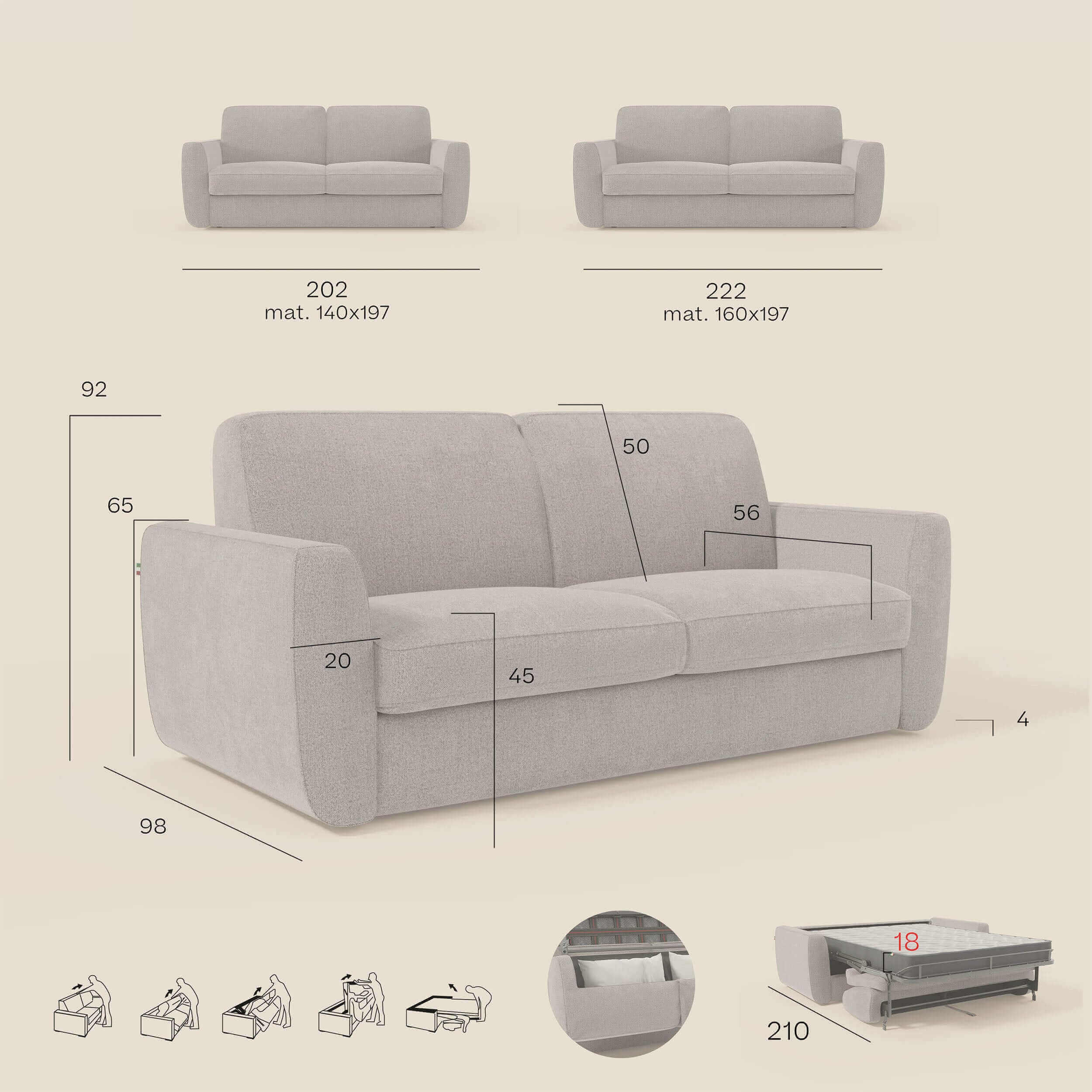 Leonida canapé convertible déhoussable et matelas H 18 cm - coffre à oreiller en tissu détachable T23 crème