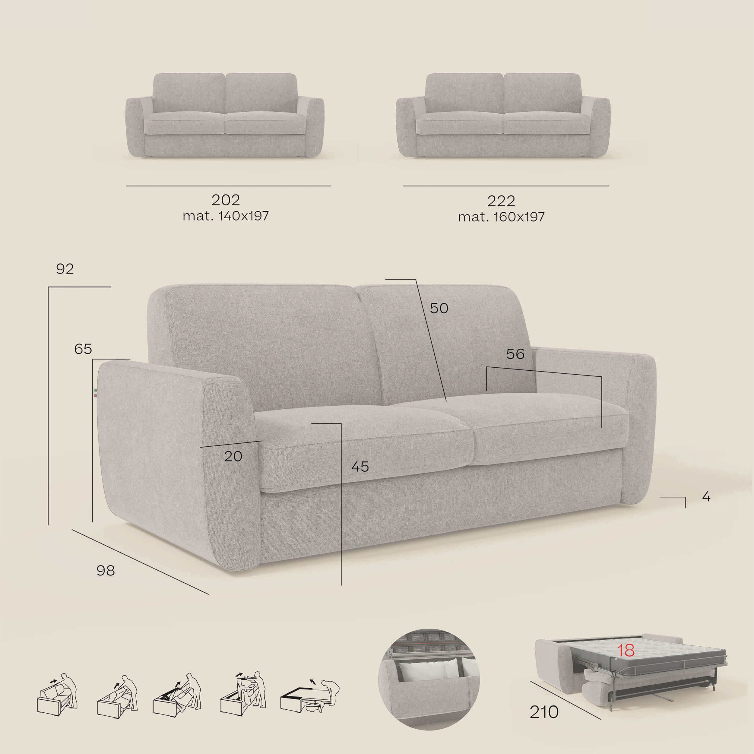 Leonida canapé convertible déhoussable et matelas H 18 cm - coffre à oreiller en tissu détachable T23 pêche