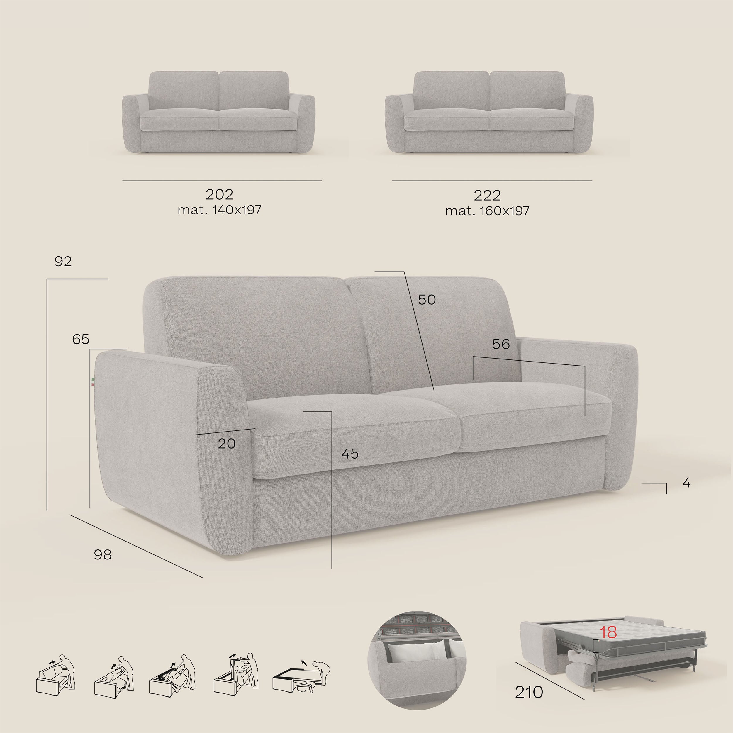 Leonida canapé convertible déhoussable et matelas H 18 cm - coffre à oreiller en tissu détachable T23 gris