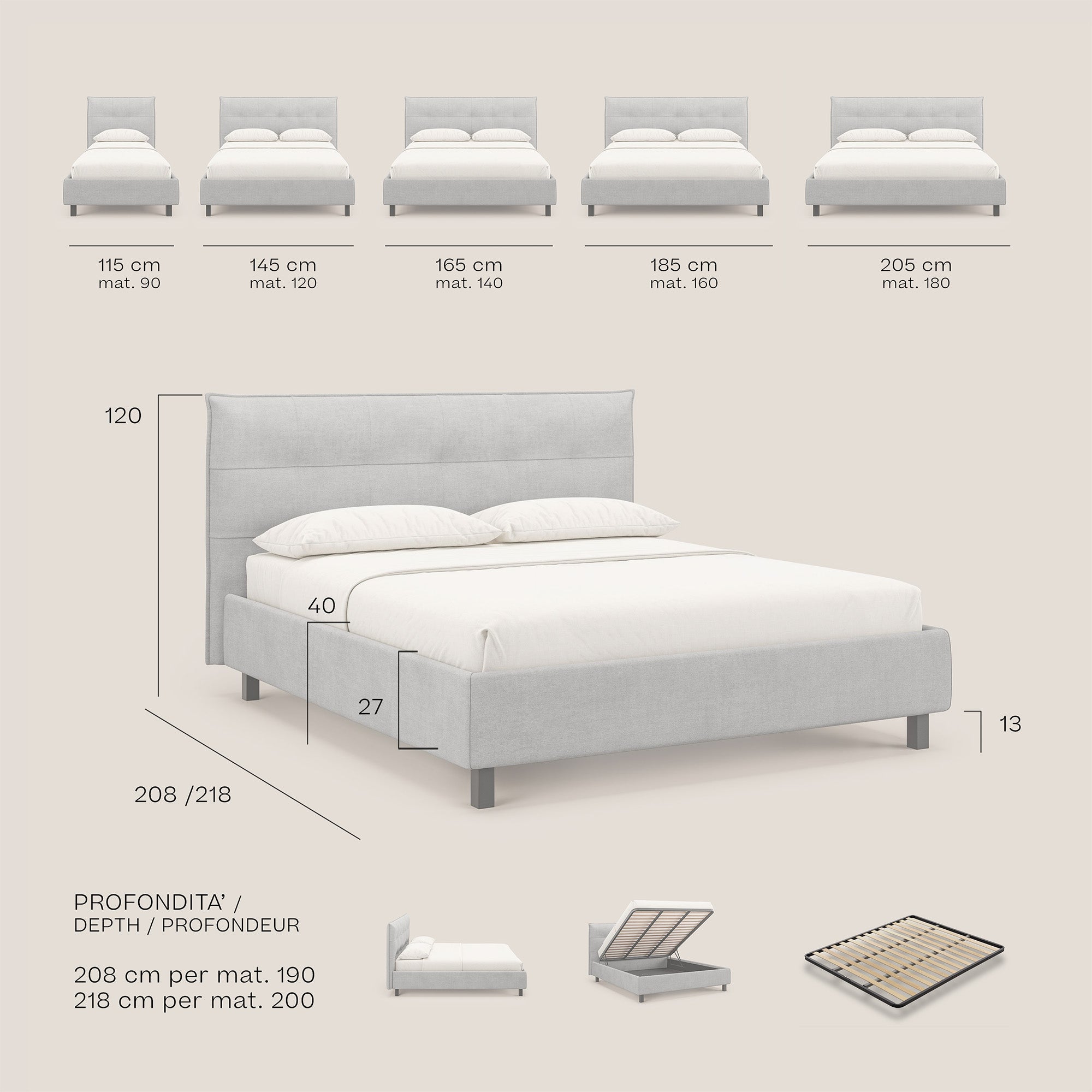 Liam letto contenitore con testata trapuntata in tessuto smacchiabile T17 antracite - divani.store