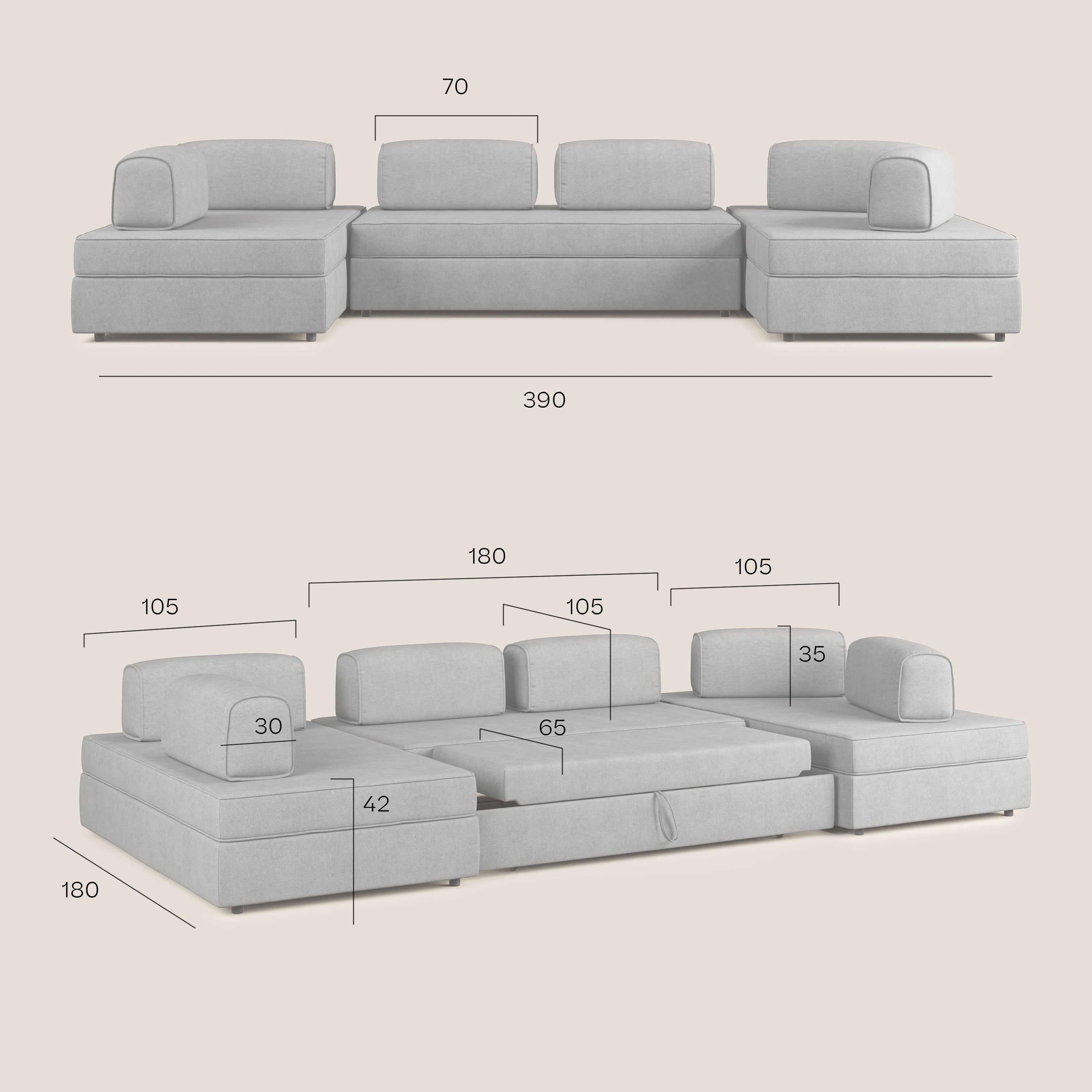 Liberty divano panoramico con pouf estraibile e schienali movibili in tessuto morbido impermeabile T02 grigio - divani.store