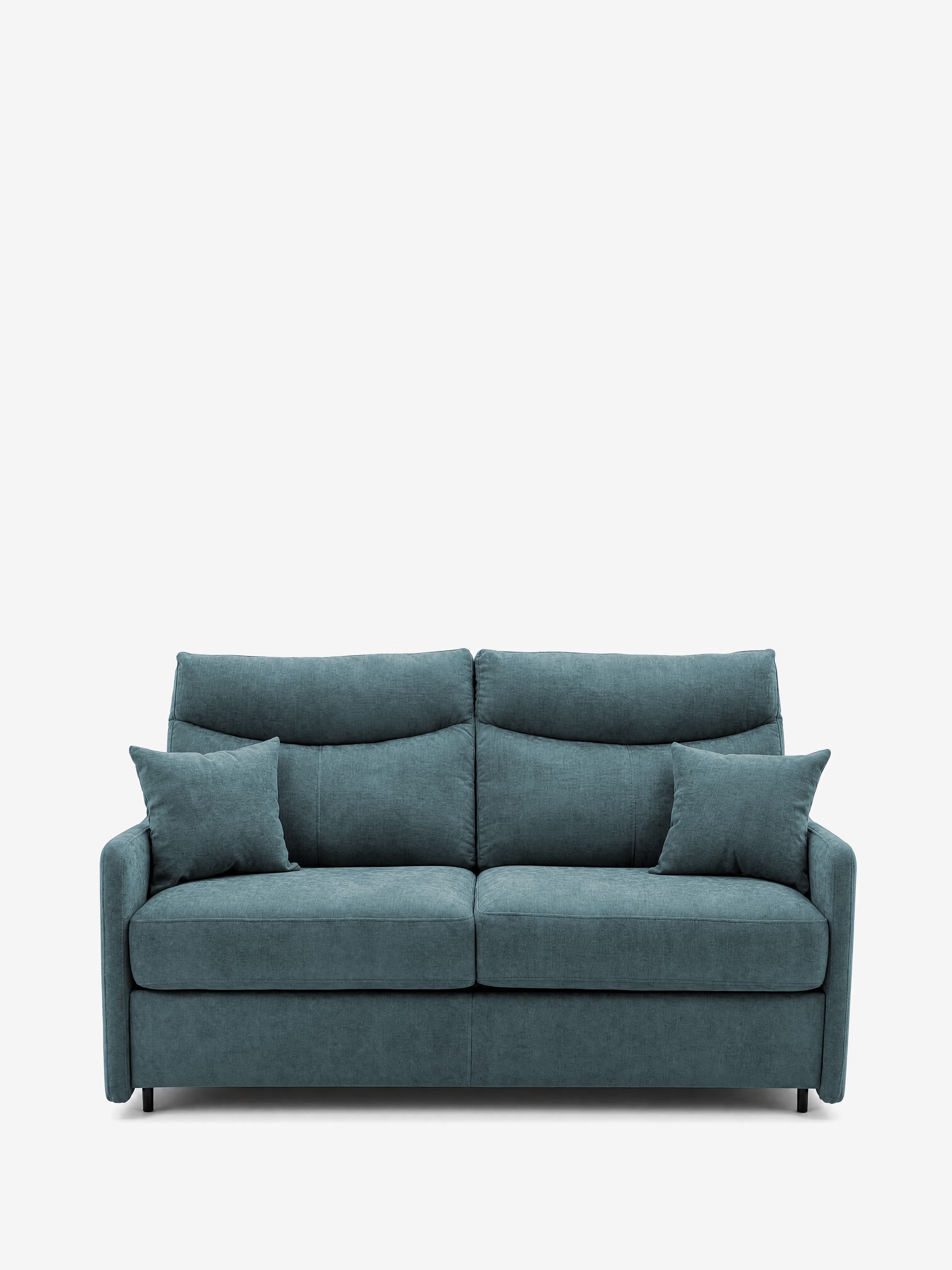 Un divano letto a 3 posti Lodovico color verde acqua di Divani.Store dal design moderno, dotato di due cuscini di seduta, due cuscini dello schienale abbinati e due cuscini laterali. Questo divano letto presenta braccioli sottili e dritti con comodi portaguanciali che offrono spazio aggiuntivo e poggia su gambe corte nere. Rivestito in tessuto antimacchia certificato Oeko-Tex con un materasso alto 20 cm, il divano è presentato su uno sfondo bianco a tinta unita.