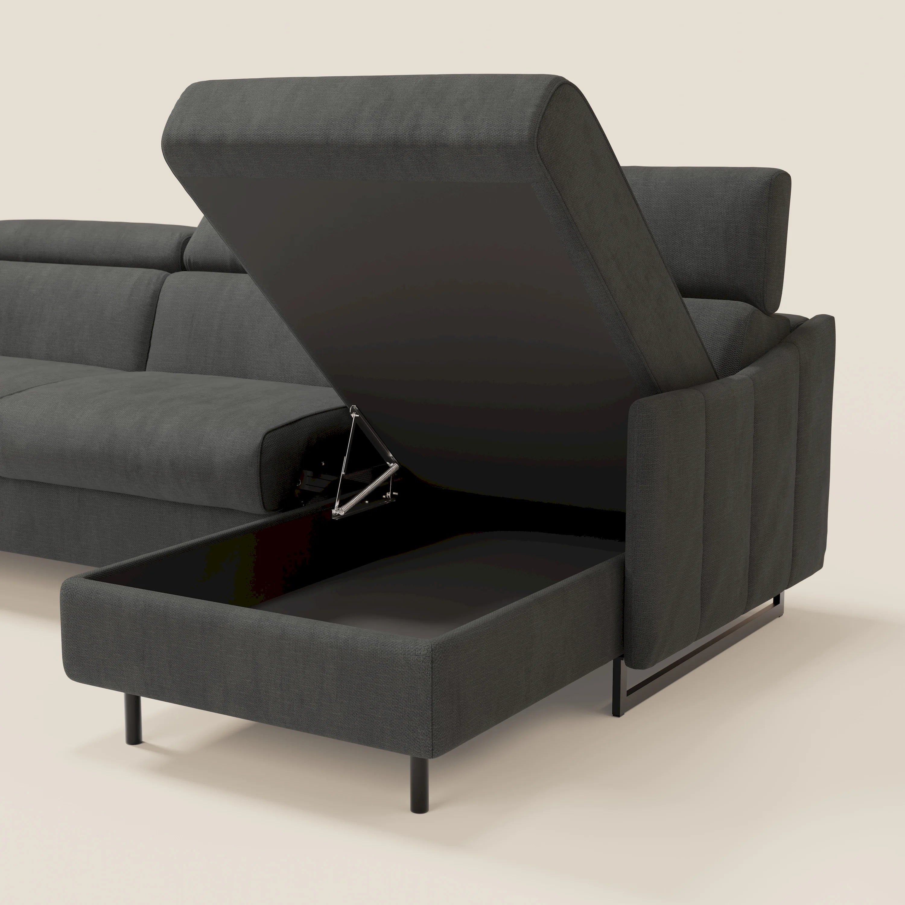 Loto Divano Letto Angolare con Penisola contenitore, Poggiatesta, Materasso Alto H18 in morbido tessuto impermeabile T14 - divani.store