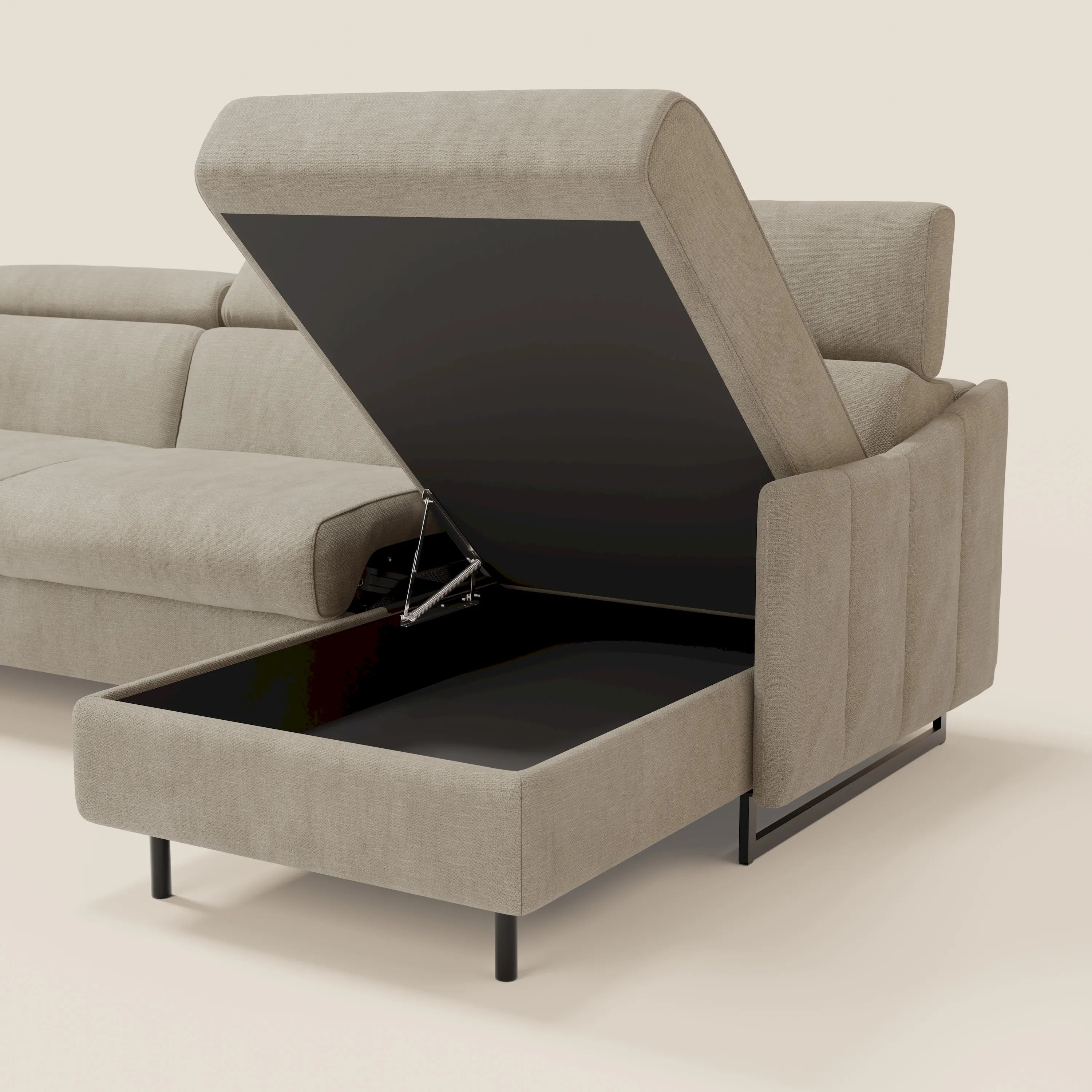 Loto Divano Letto Angolare con Penisola contenitore, Poggiatesta, Materasso Alto H18 in morbido tessuto impermeabile T14 - divani.store