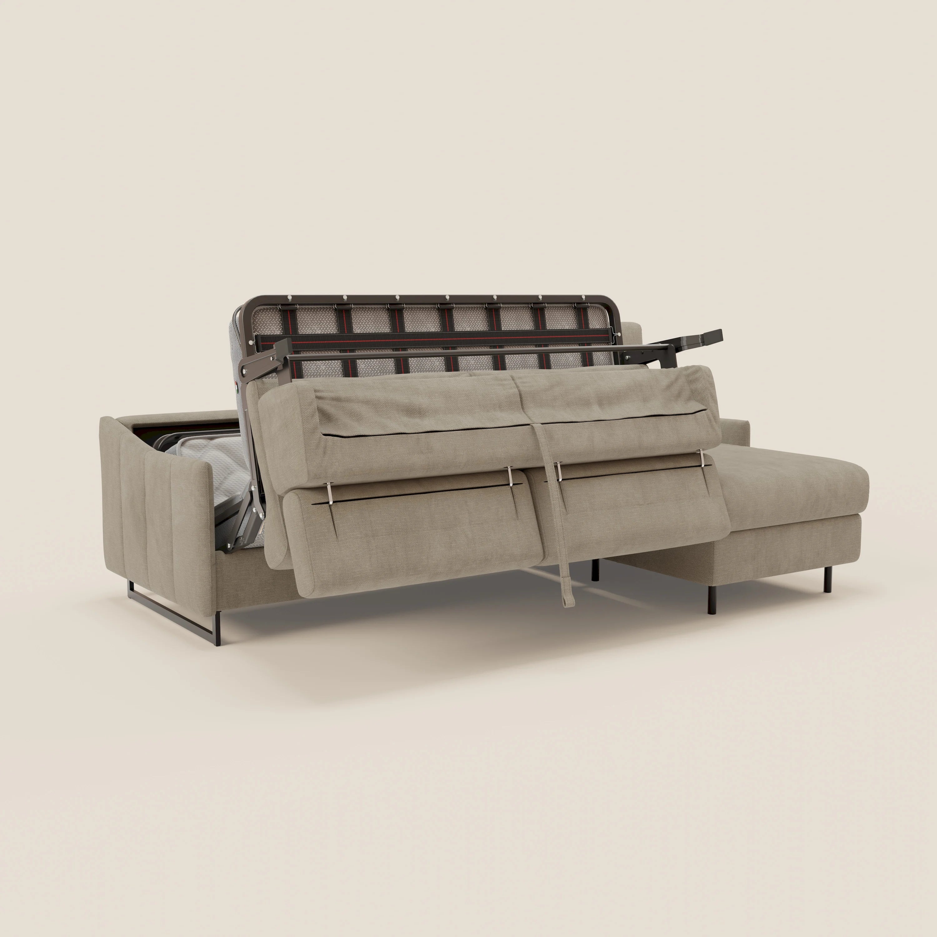 Loto Divano Letto Angolare con Penisola contenitore, Poggiatesta, Materasso Alto H18 in morbido tessuto impermeabile T14 - divani.store