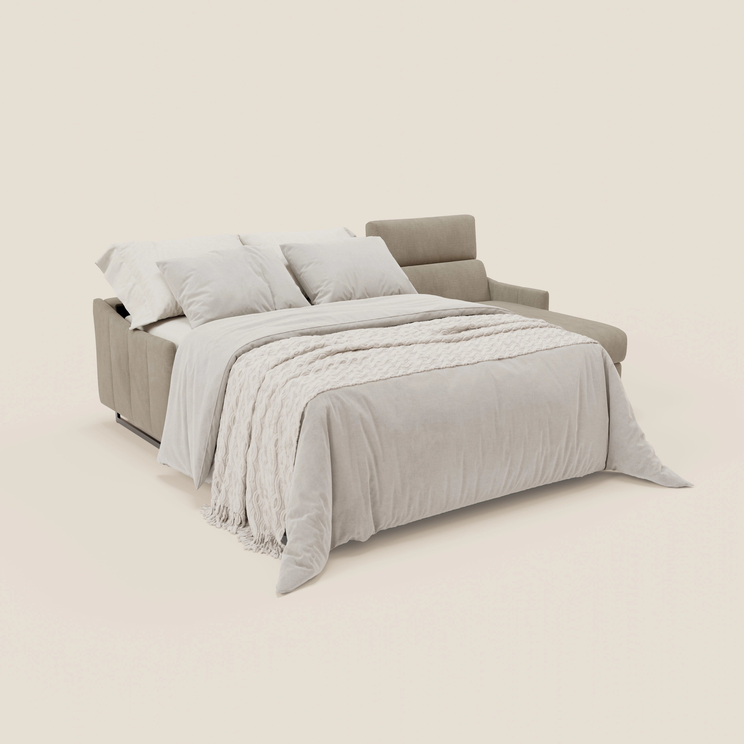 Loto Divano Letto Angolare con Penisola contenitore, Poggiatesta, Materasso Alto H18 in morbido tessuto impermeabile T14 - divani.store